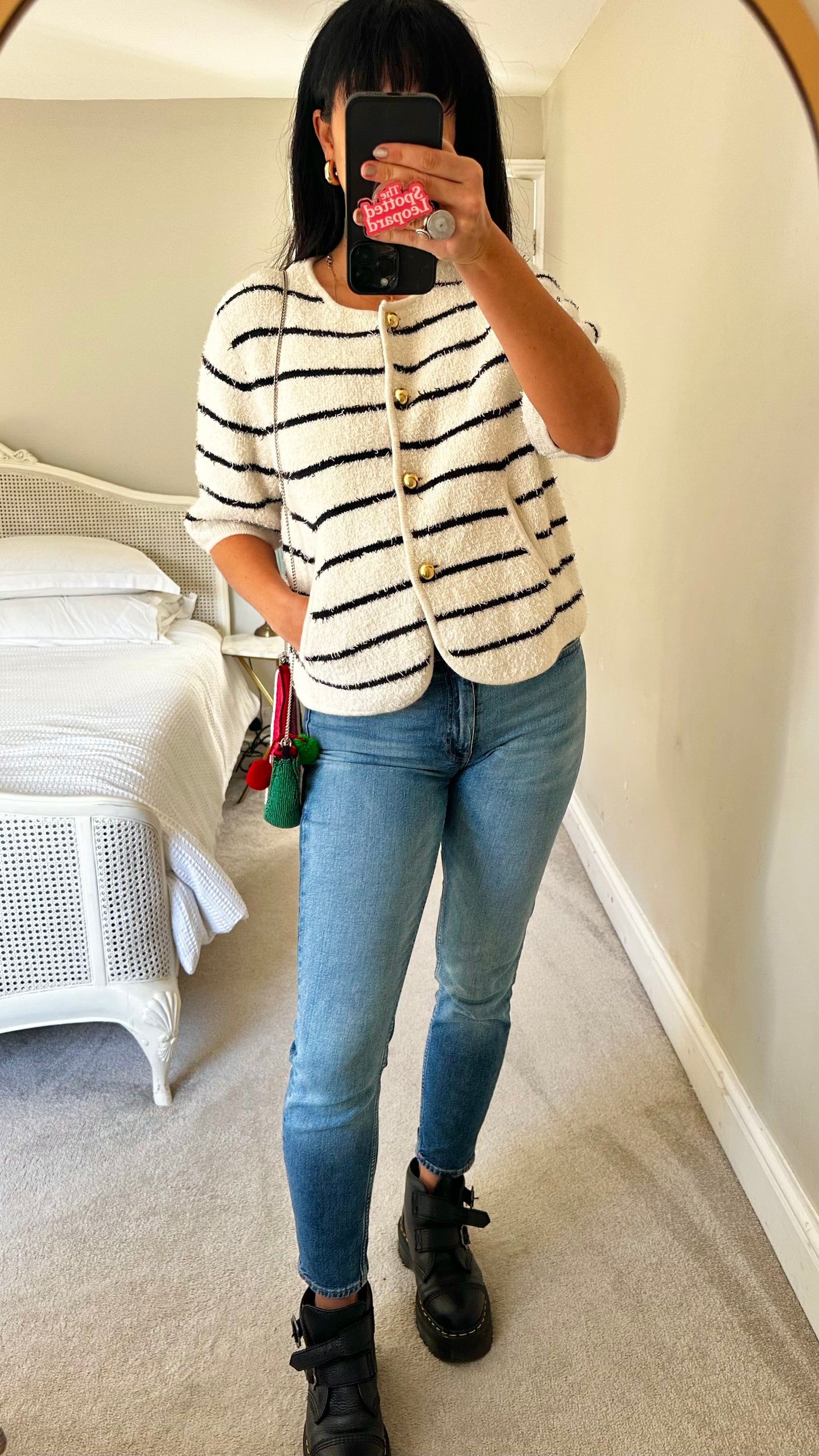 & other stories white cream black stripe chunky cardigan large UK 12-14 vgc