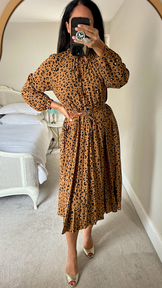 & other stories brown leopard pleated long event dress large UK 12 vgc w25