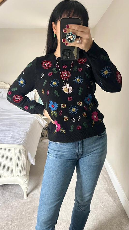 Seen Worn Kept @ Anthropologie black embroidered knitted jumper small UK 8 10 vgc