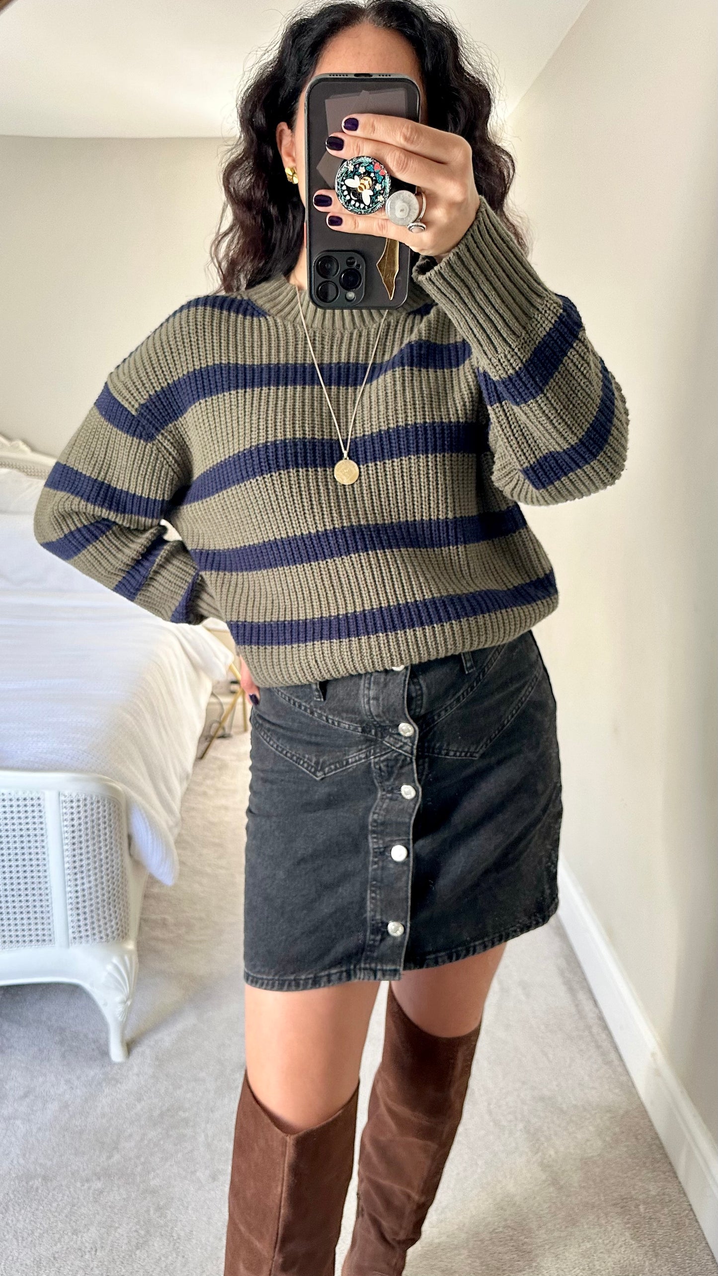 Selected Femme @ Anthropologie khaki green navy blue stripe knitted jumper medium UK 10 12 vgc