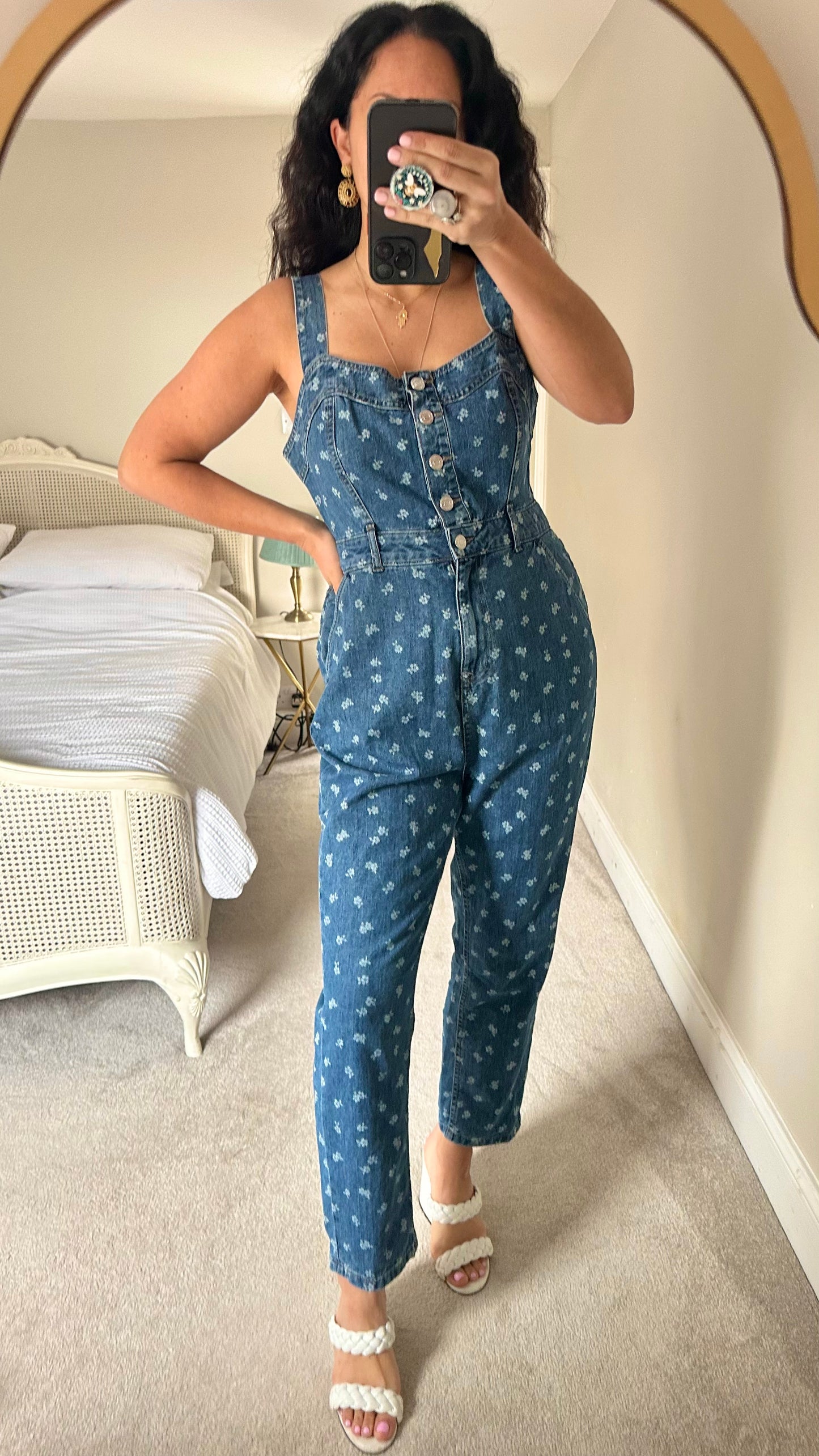 Nobody’s Child denim jeans button up dungaree jumpsuit playsuit suit floral medium extra large UK 10 14