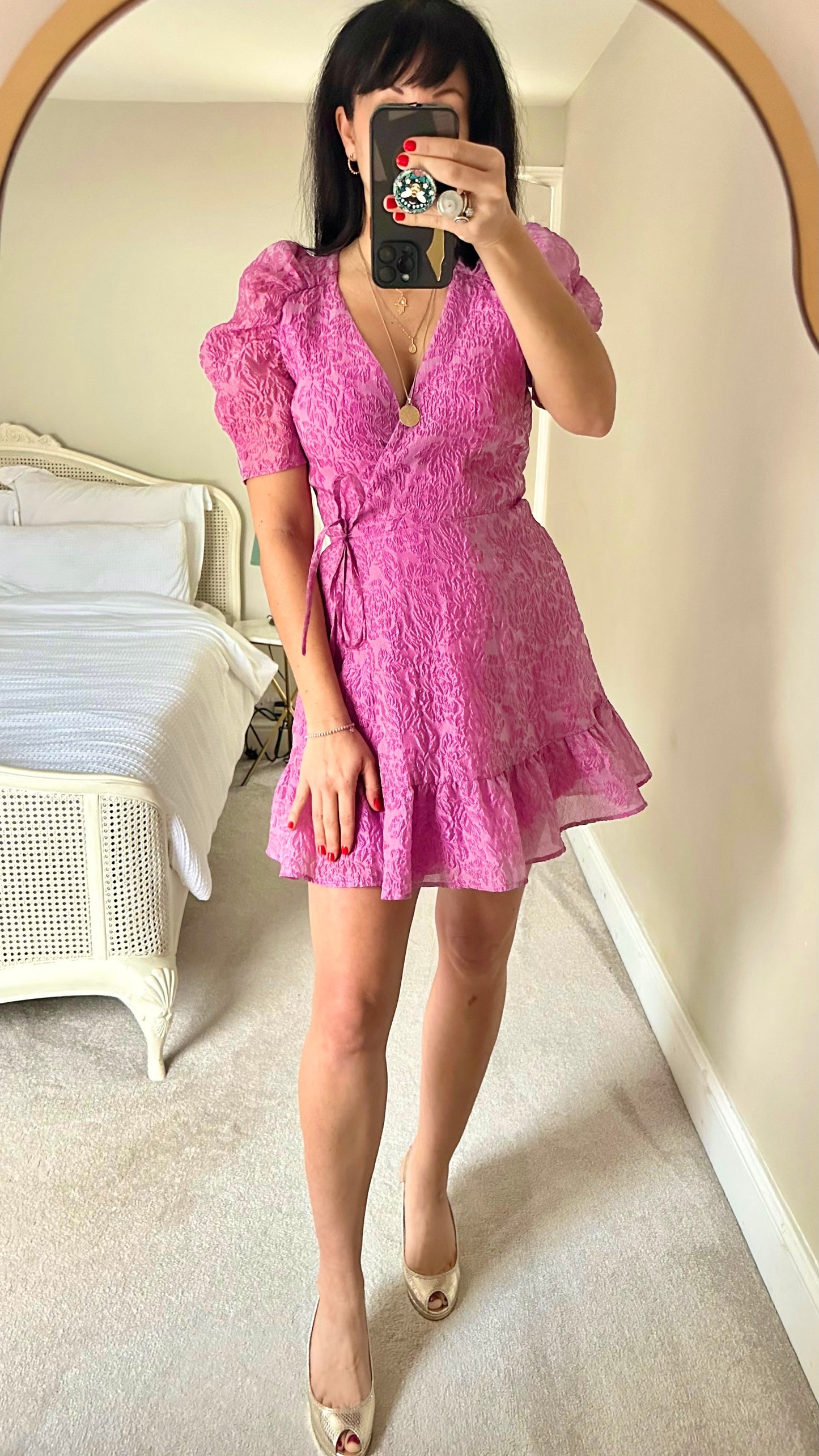 & other stories pink purple embossed mini wrap dress event small UK 8 vgc