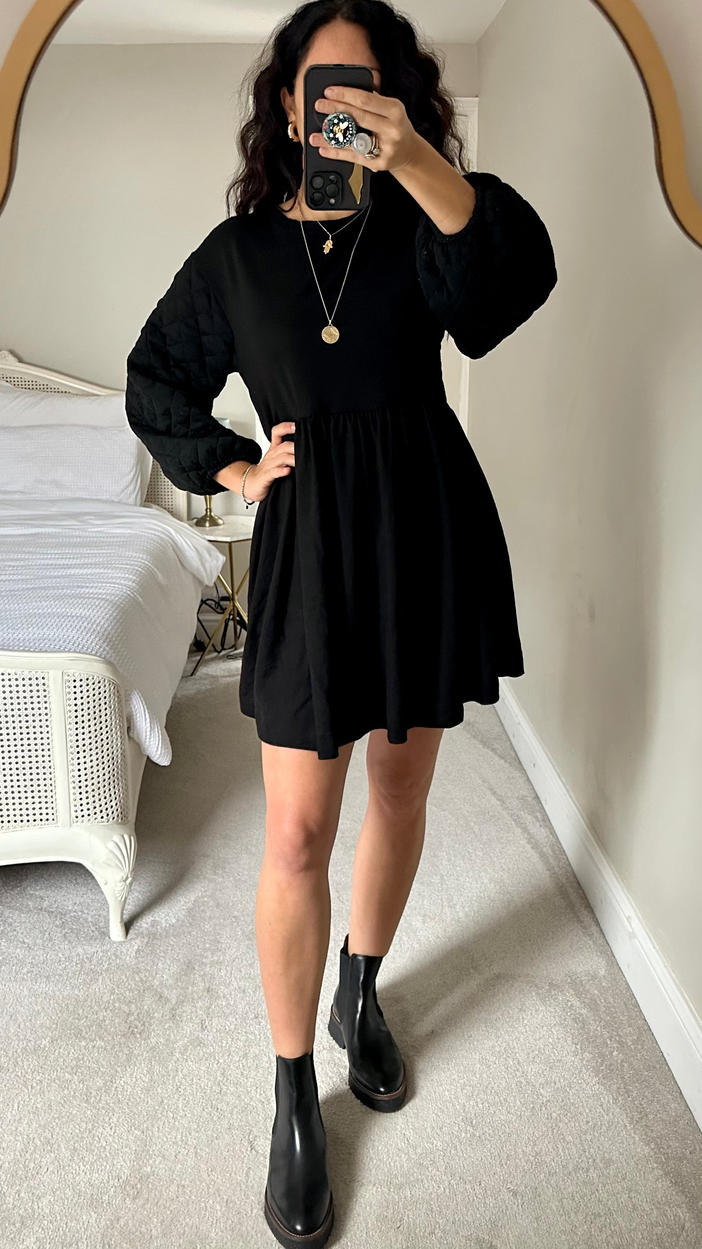 Zara black quilted mini winter dress mini small UK 8 10 vgc