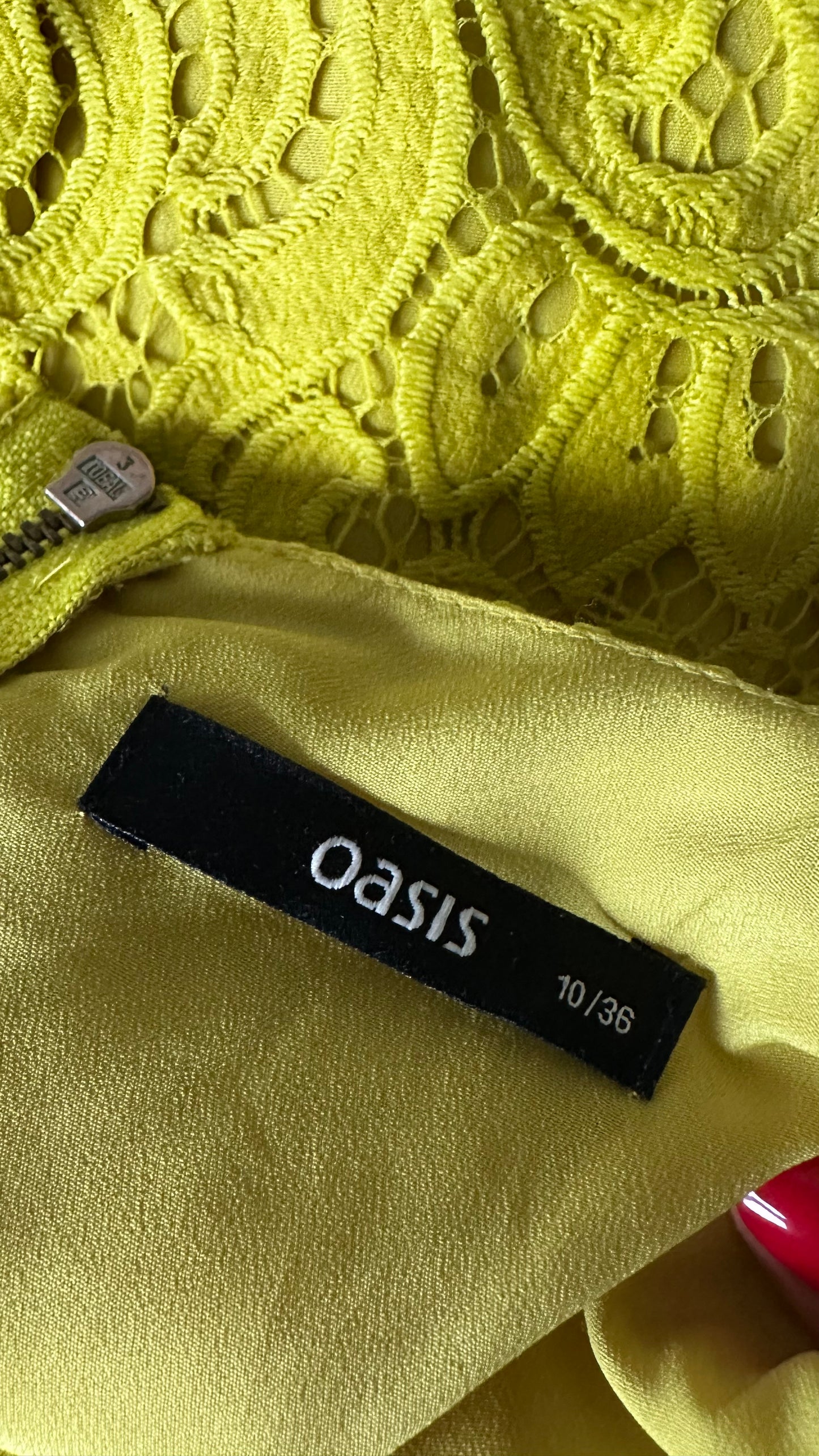 Oasis acid yellow lace mini event dress small UK 10 vgc