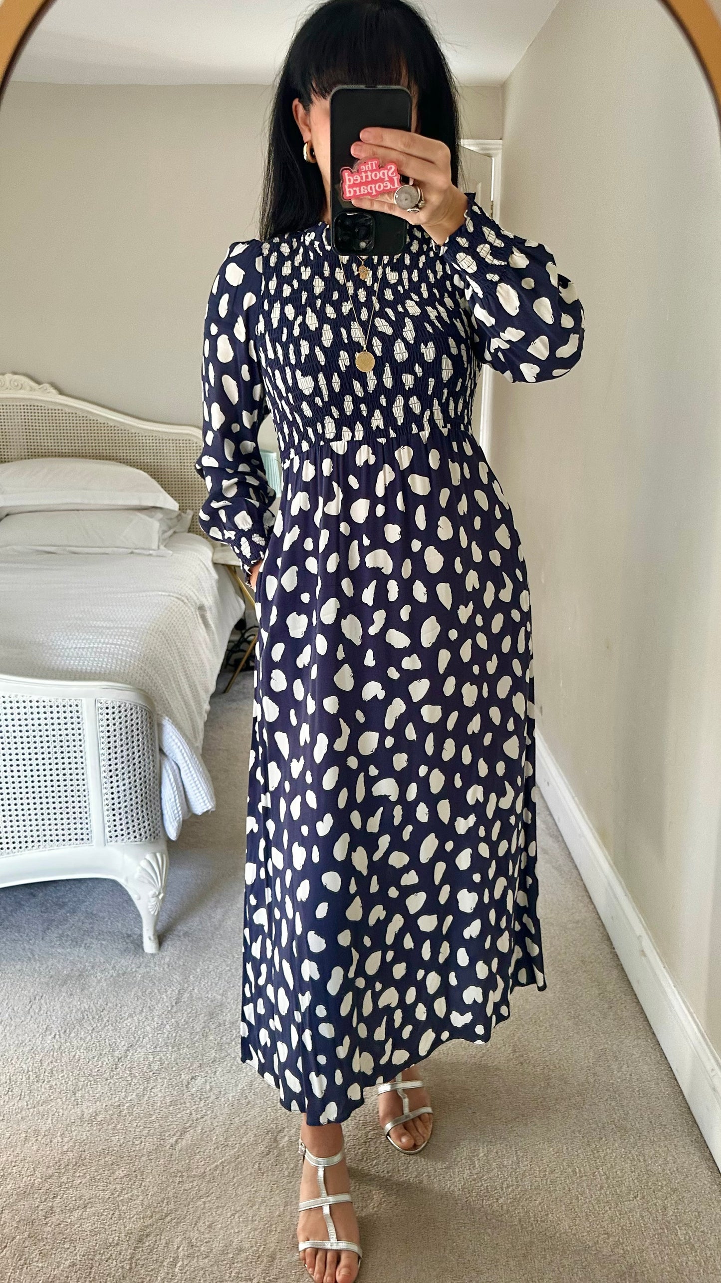 KITRI navy blue polka dot shirred bust midi event dress medium UK 12 vgc
