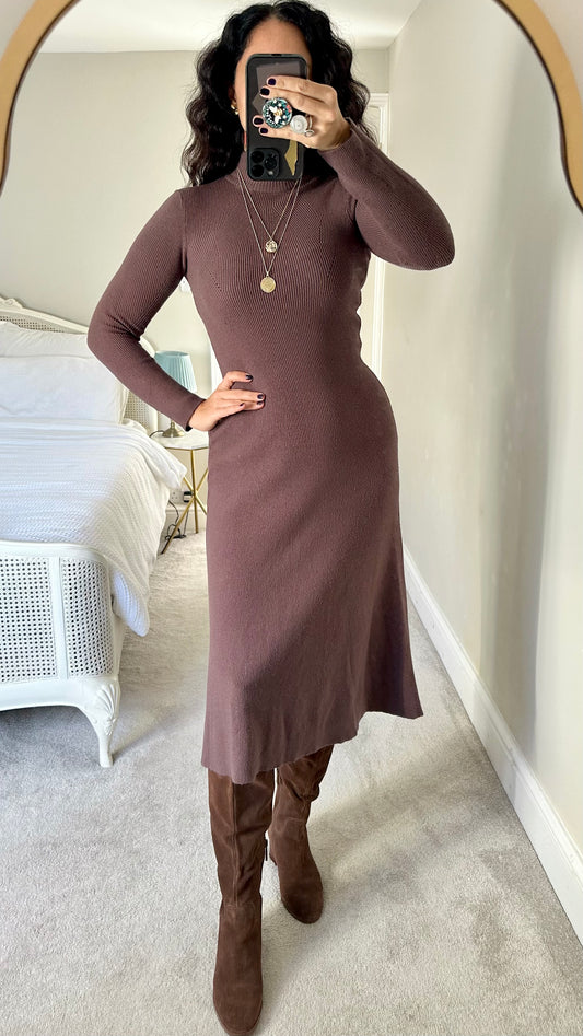 Zara light brown tan ribbed midi long jumper dress small UK 8 vgc