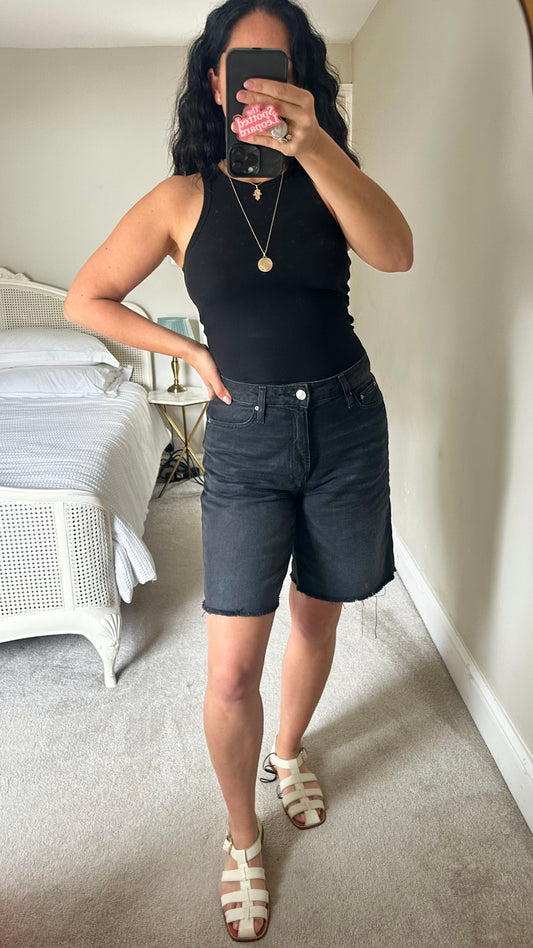 Marks & Spencer black Bermuda longline denim jeans shorts medium UK 12 vgc