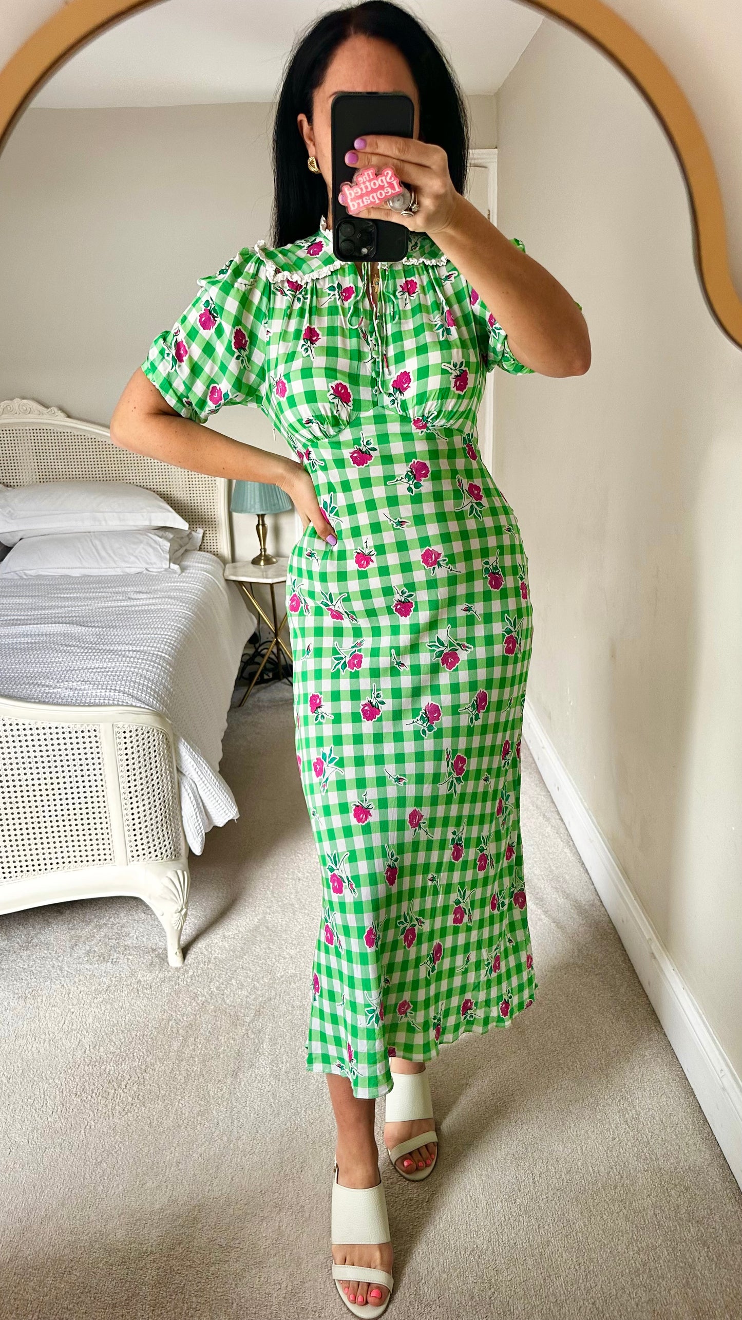 RIXO green white pink gingham check long event dress midi long small UK 8 vgc