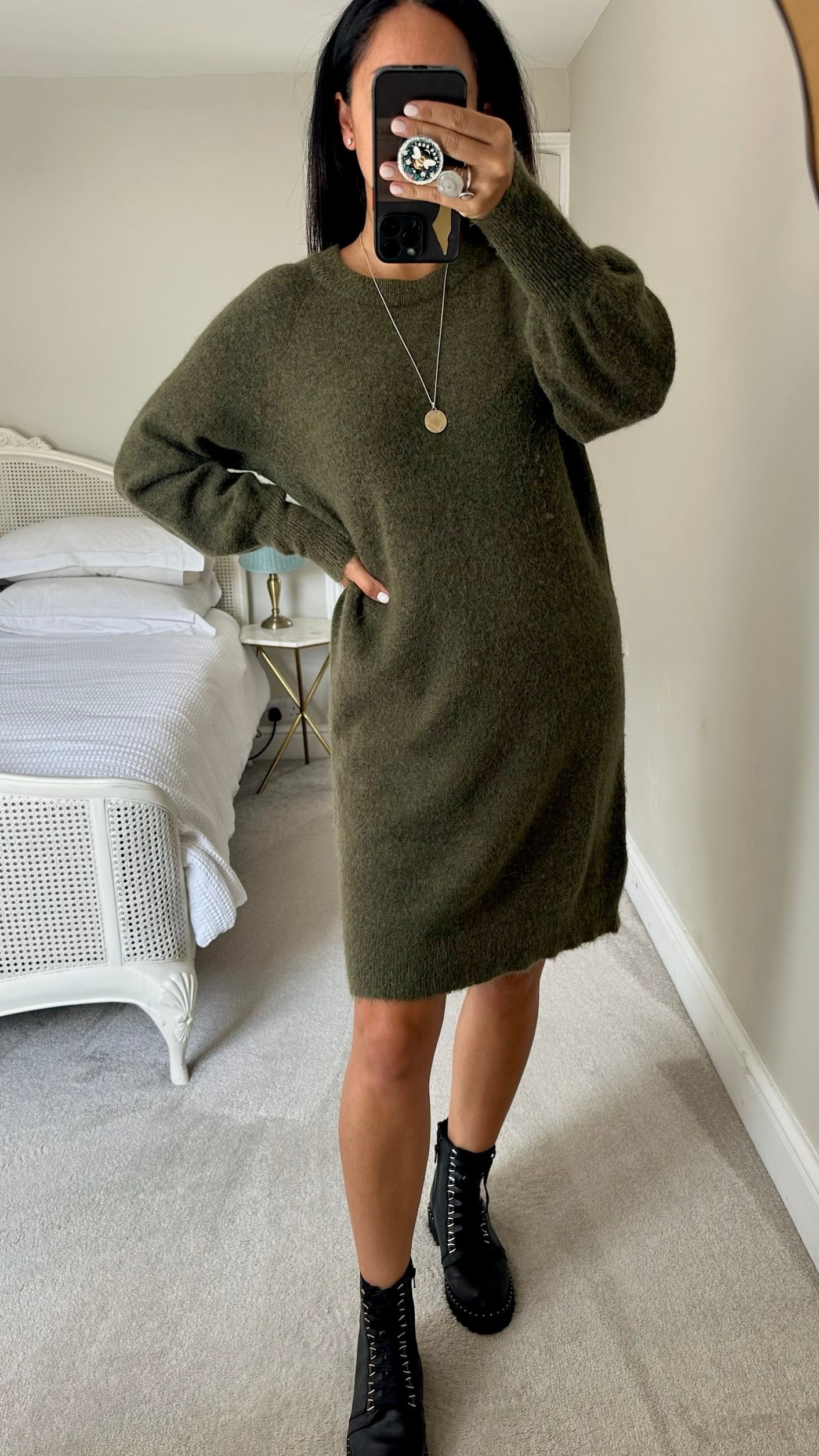 Selected femme olive green knitted alpaca blend jumper dress large UK 12-14 vgc w25