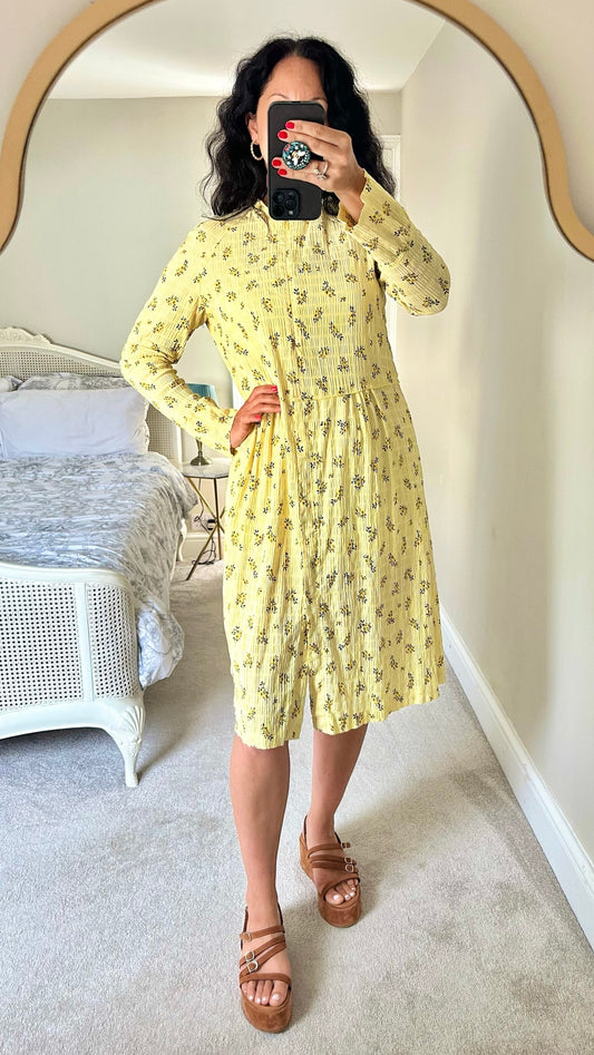 Mads Norgaard Copenhagen lemon yellow floral stripe long sleeve midi dress small S UK 8 vgc