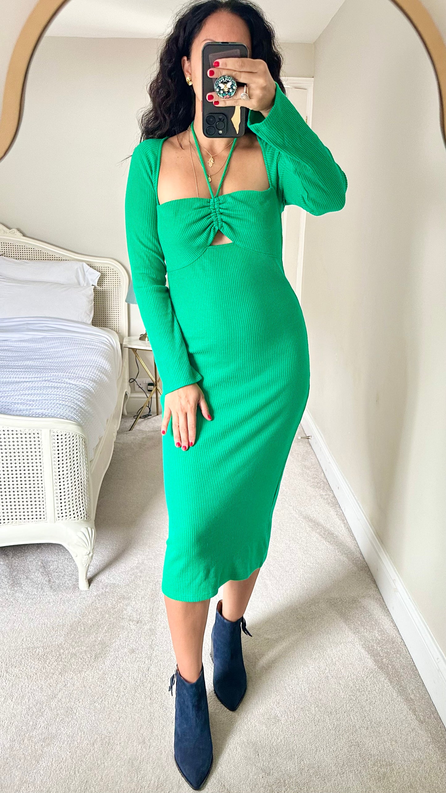 Zara bright green emerald ribbed midi long dress large UK 12 14 vgc