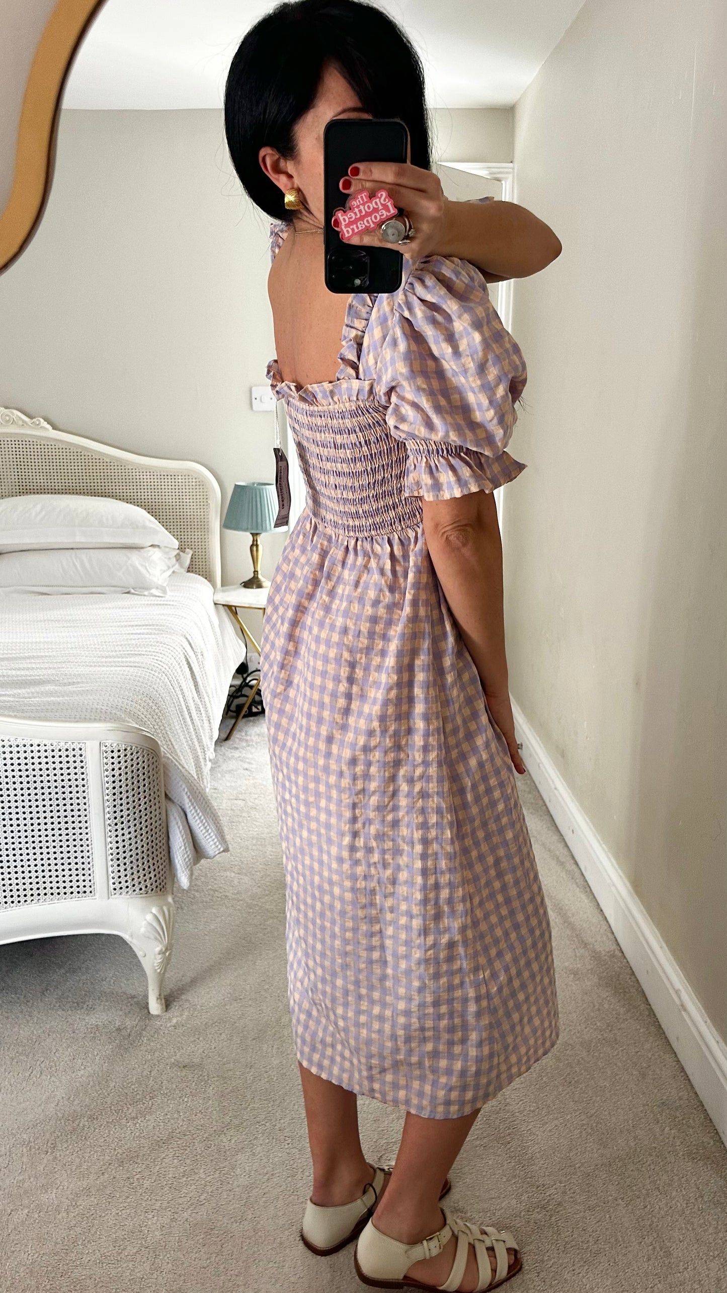 Warehouse lilac beige gingham check midi shirred dress small UK 10 new bnwt