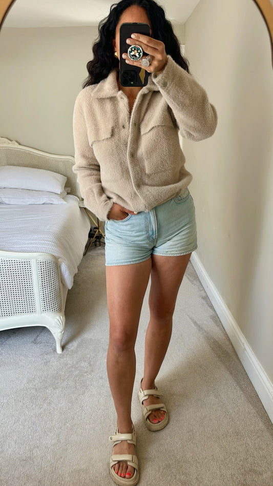 Yaya women stone beige fluffy button up shacket small medium SM UK 8-10