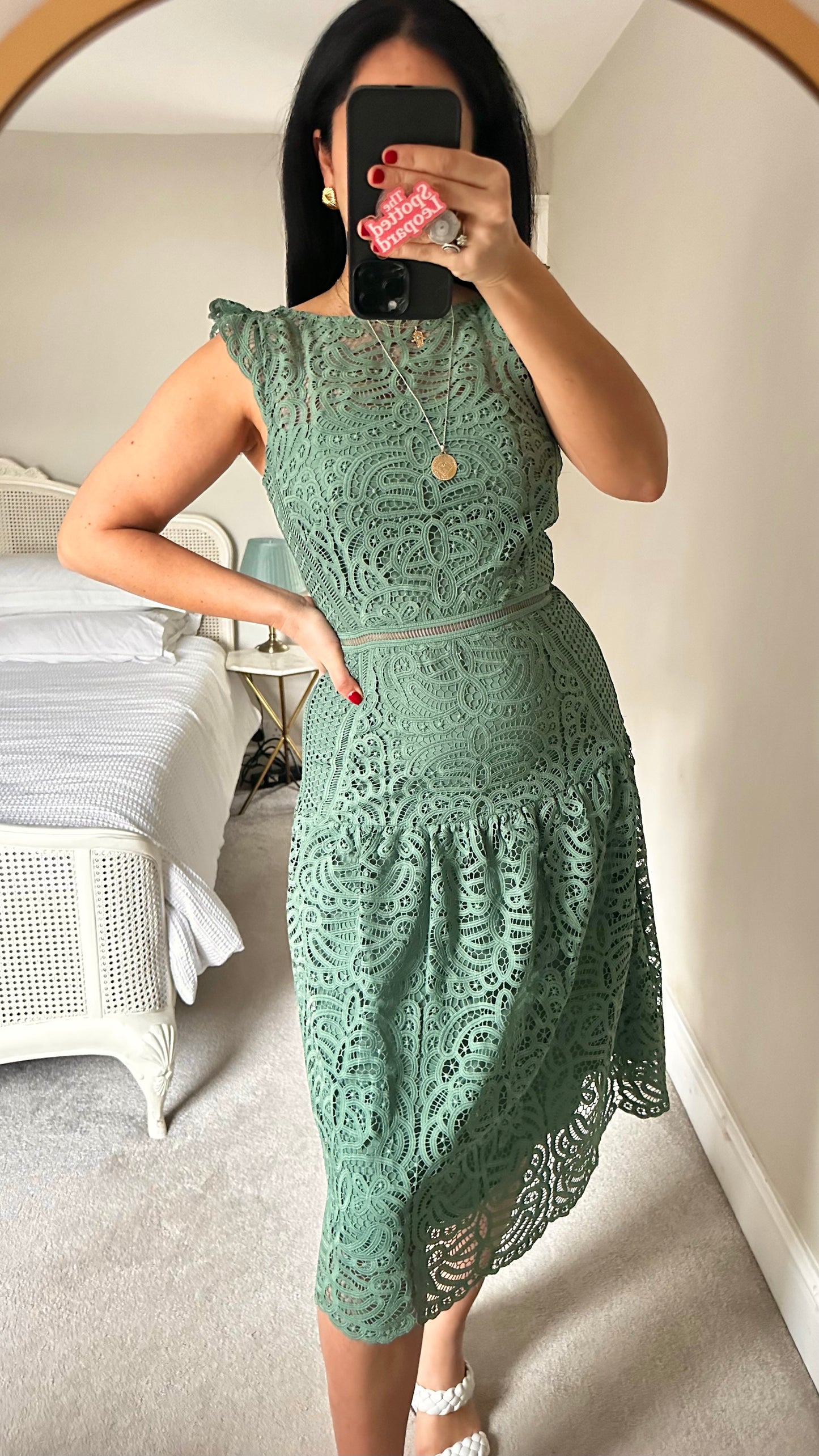 Reiss teal green wedding guest event races lace midi dress small UK 10 vgc