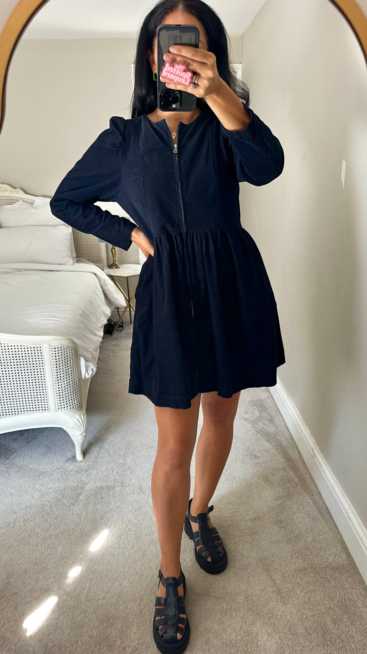 Oliver Bonas black navy blue corduroy zip up dress medium UK 12 pockets vgc