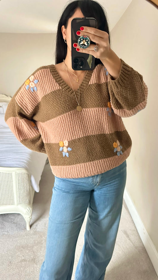 Numph @ Anthropologie brown stripe floral chunky knitted jumper extra large UK 14 vgc