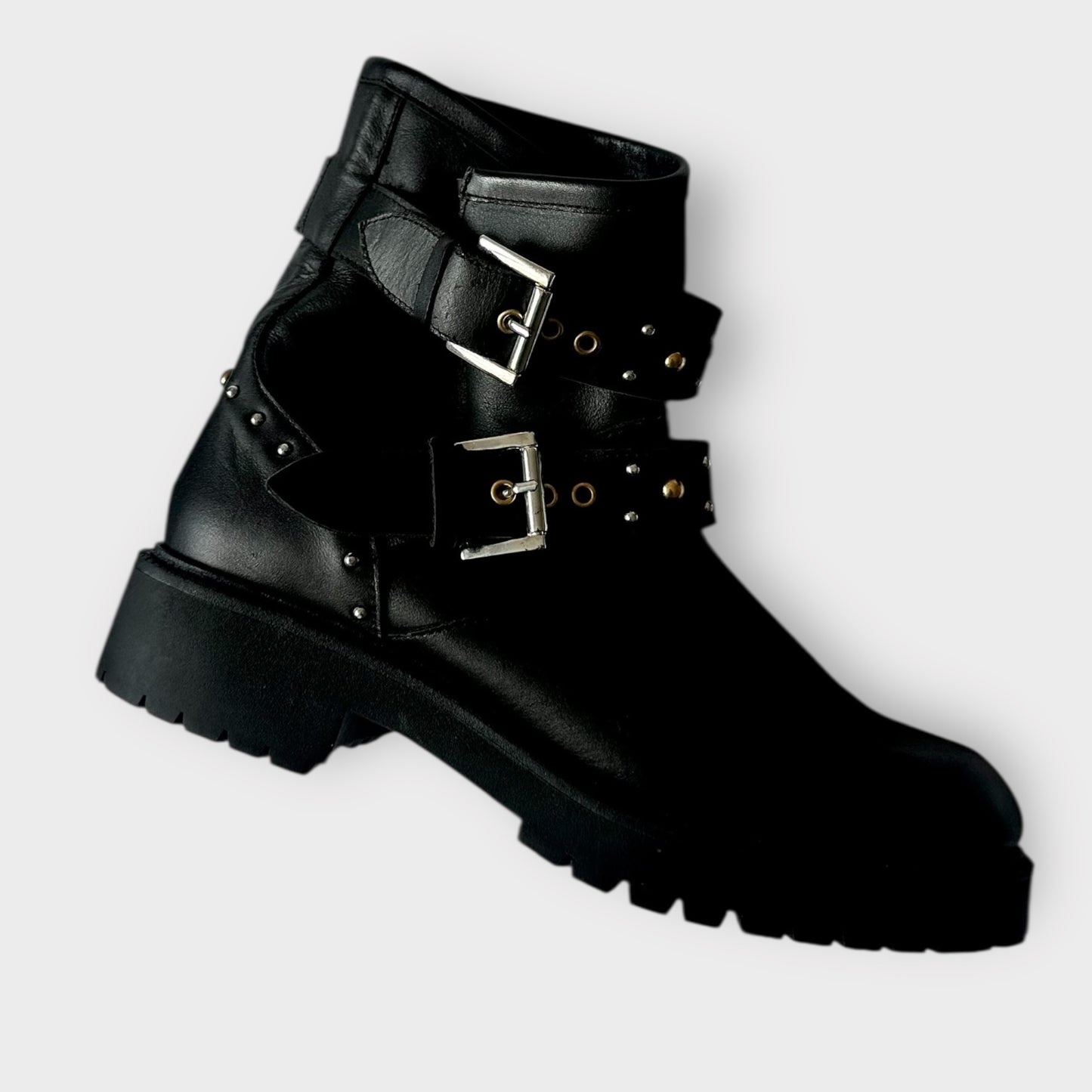 Office black studded leather boots mid calf new bnwot UK 6 EU 39