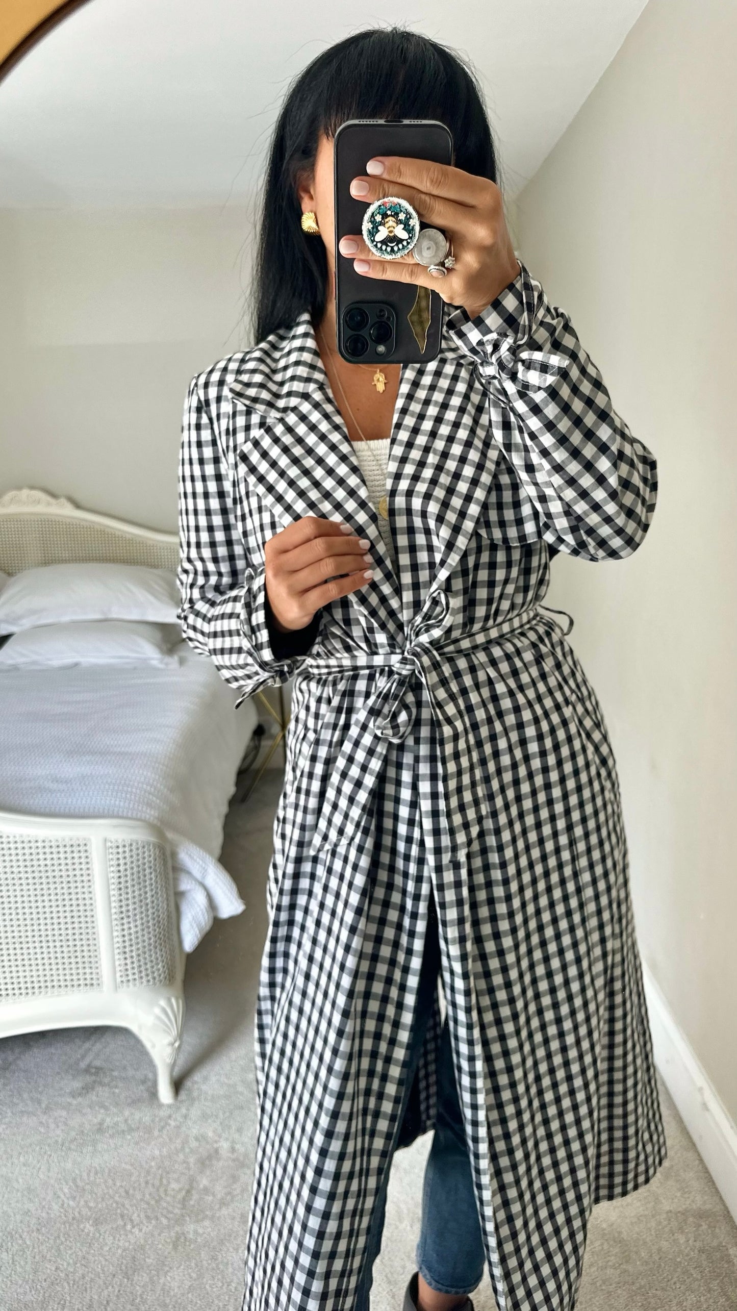 River island black white gingham check long trench coat large L UK 12 excellent used condition