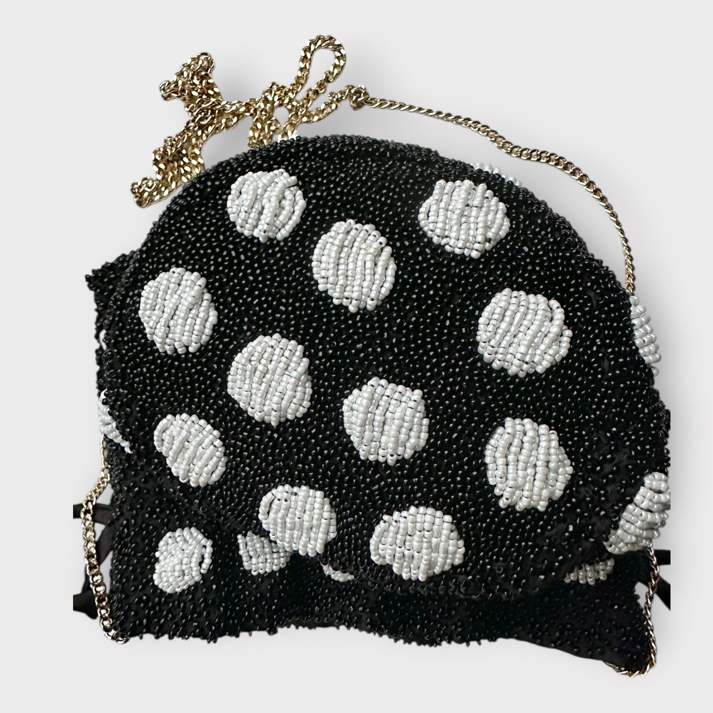 Oliver Bonas black white polka dot sequin beaded mini drawstring handbag small vgc