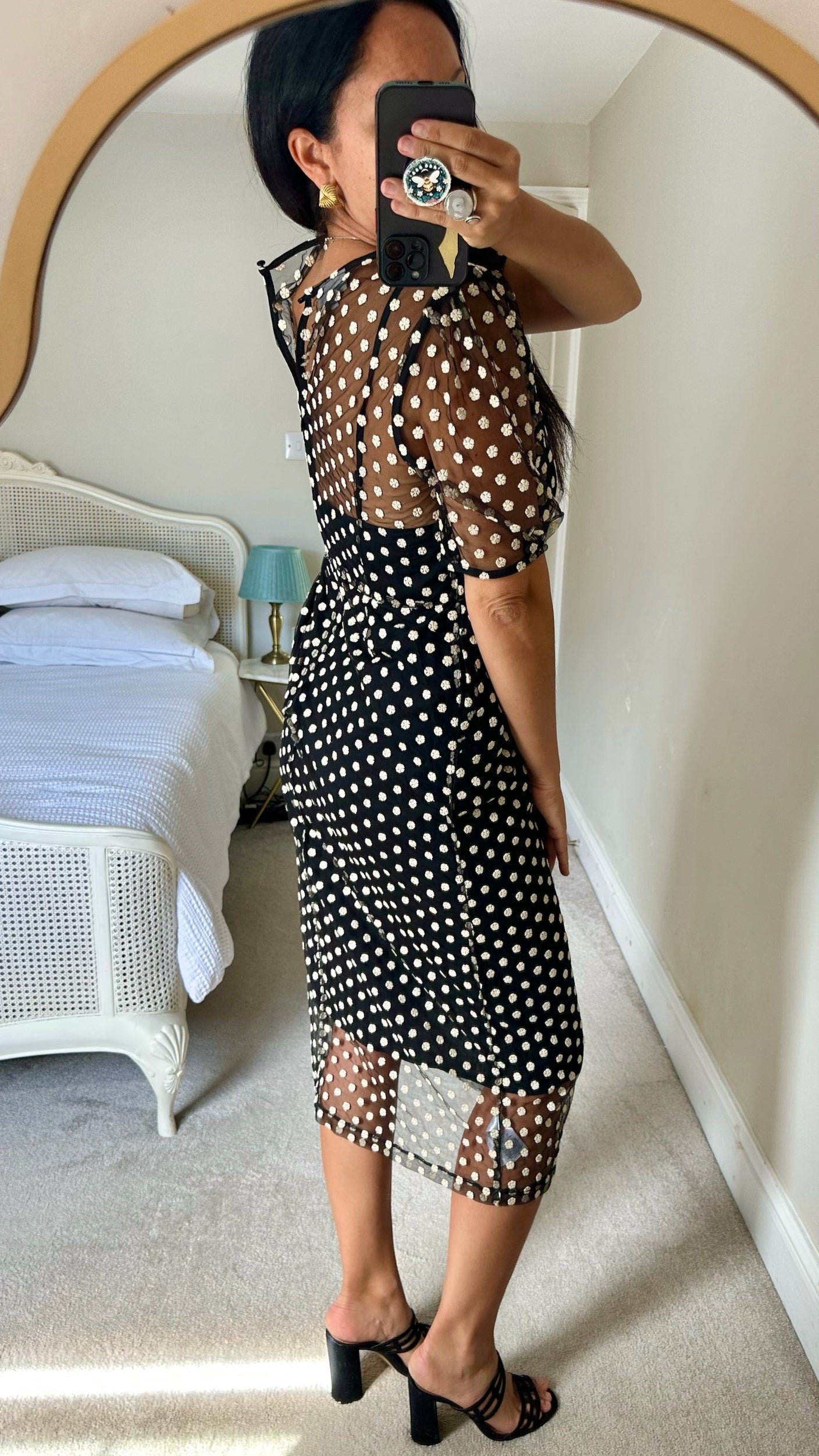 Oliver bonas black cream daisy mesh event dress small UK 10