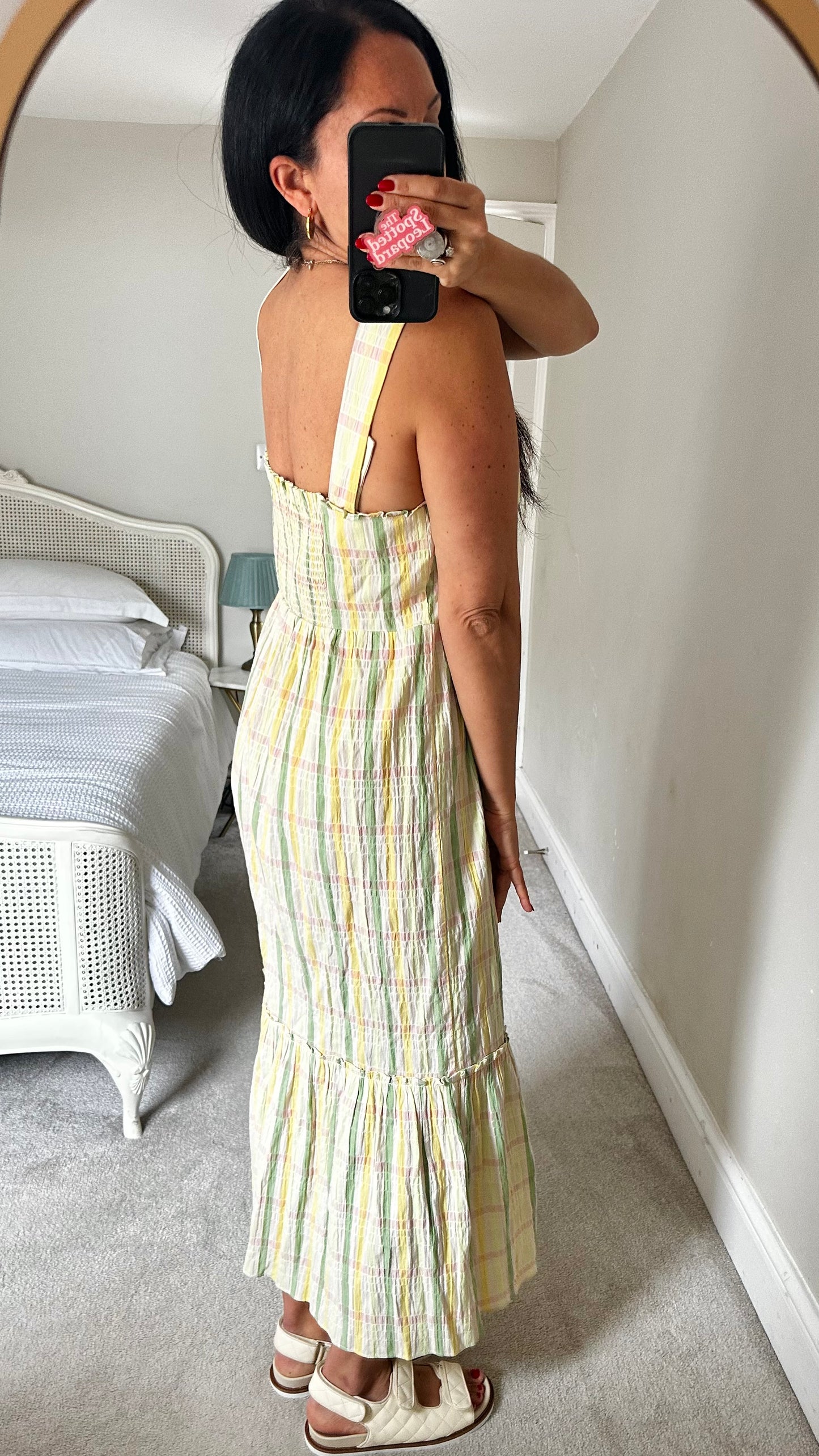 Feather & Bone @ Anthropologie yellow green gingham check midi long sundress cotton medium UK 12 14