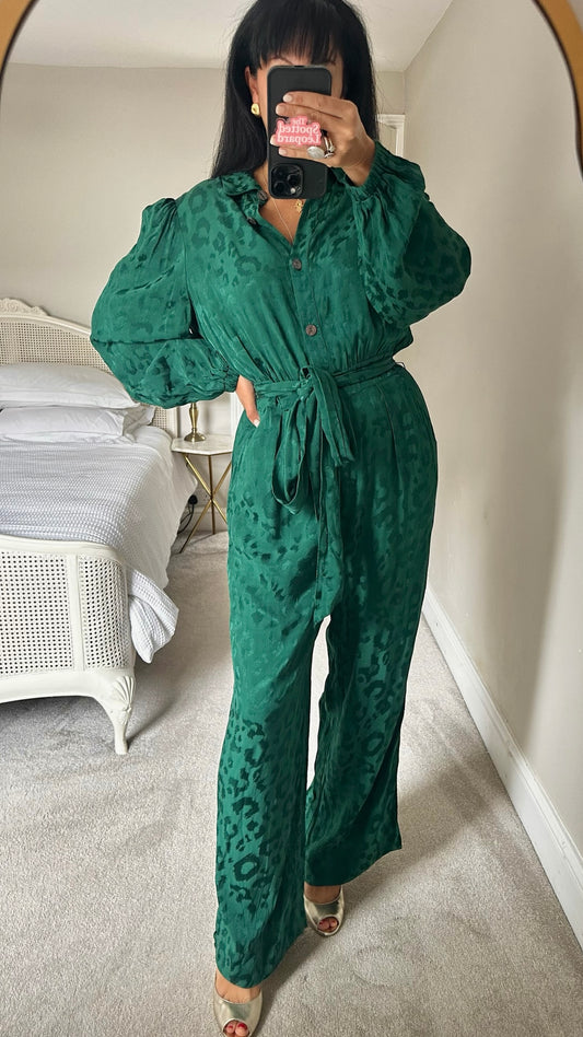 Kitri emerald green leopard print belted jumpsuit event extra large XL UK 14