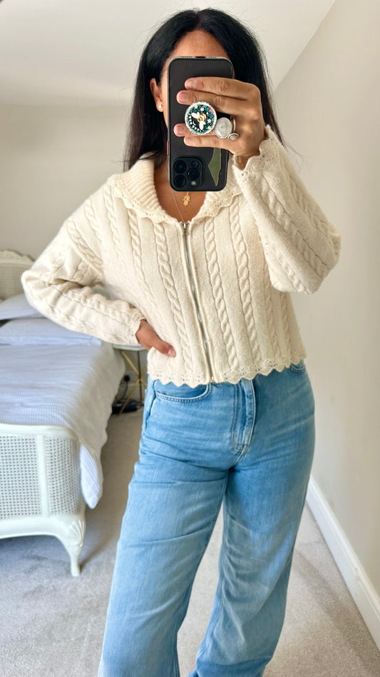 Olive white cream cable knit collared cardigan jumper large UK 12 vgc w25