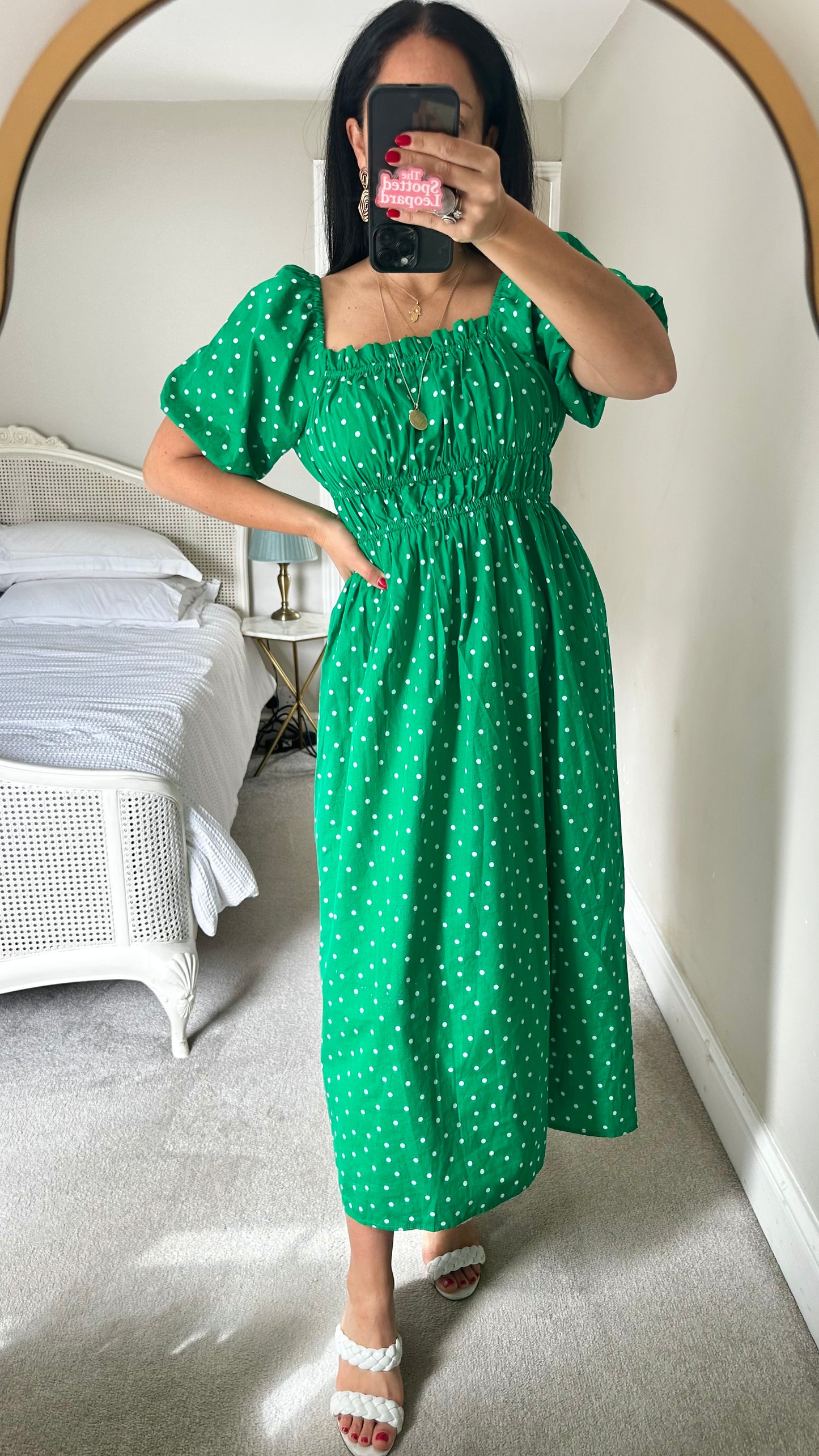Nobody’s Child bright green white polka dot midi dress medium UK 14 vgc