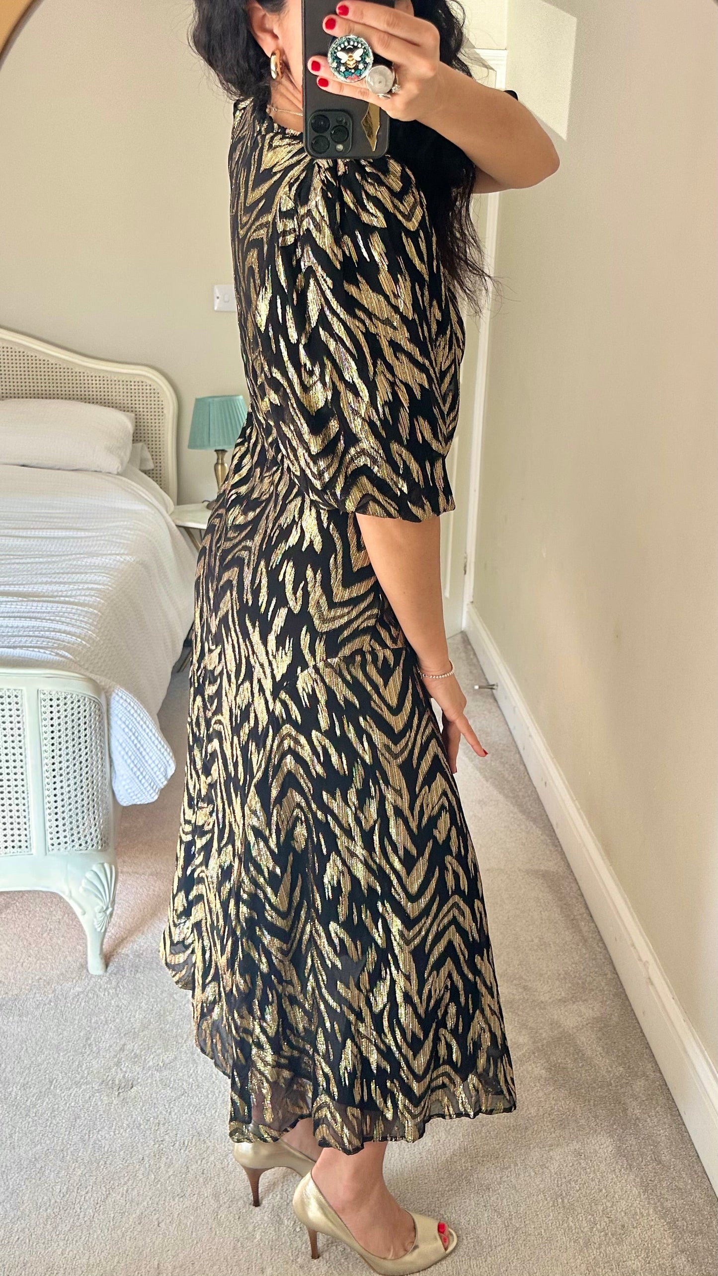 River Island black gold event maxi long dress medium UK 14 vgc