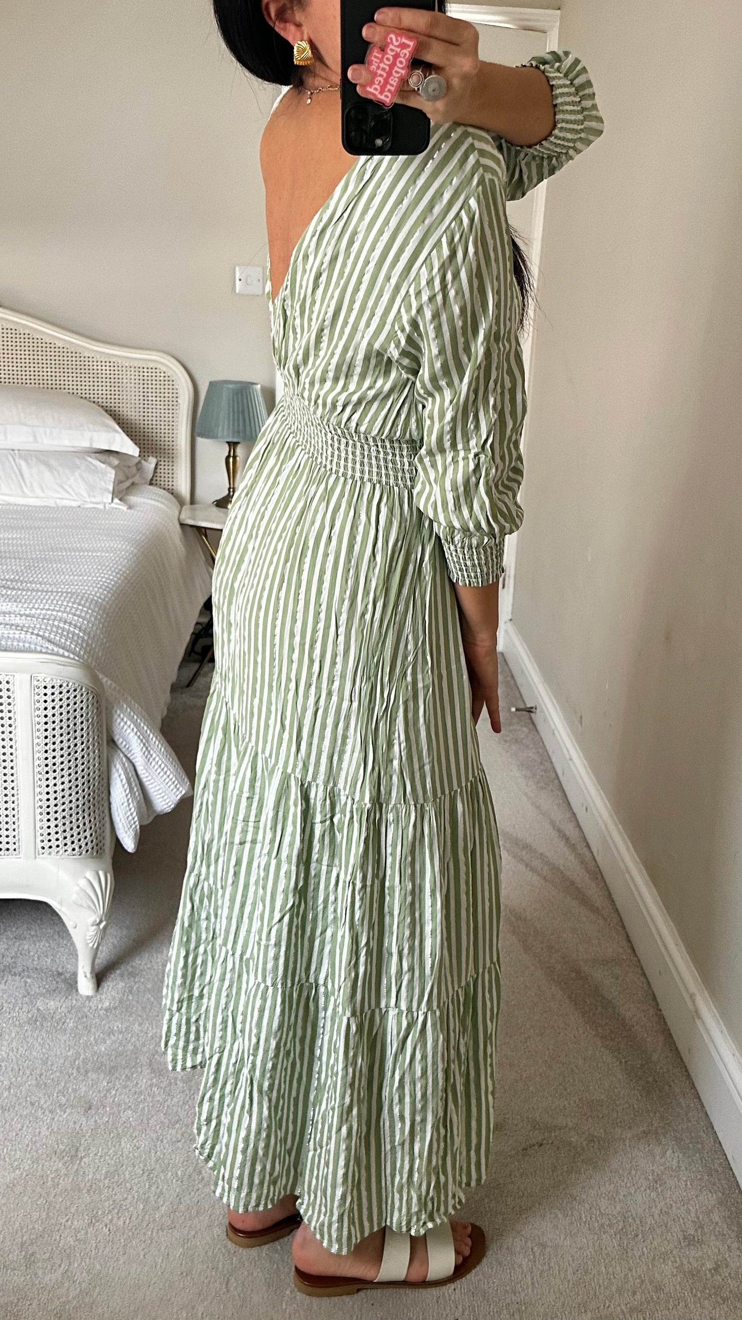 Selected Femme @ Anthropologie light green white stripe midi maxi long dress small UK 10 holiday vgc