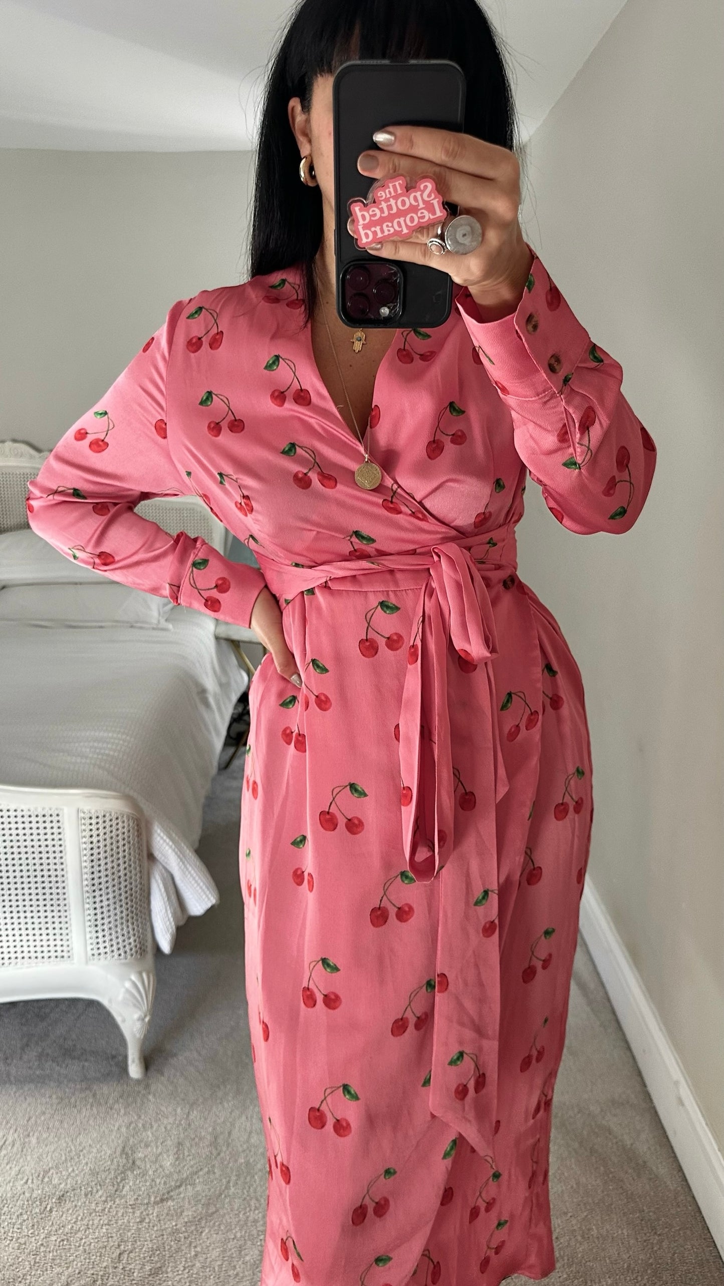 Never fully dressed pink cherry print wrap dress medium UK 10 vgc