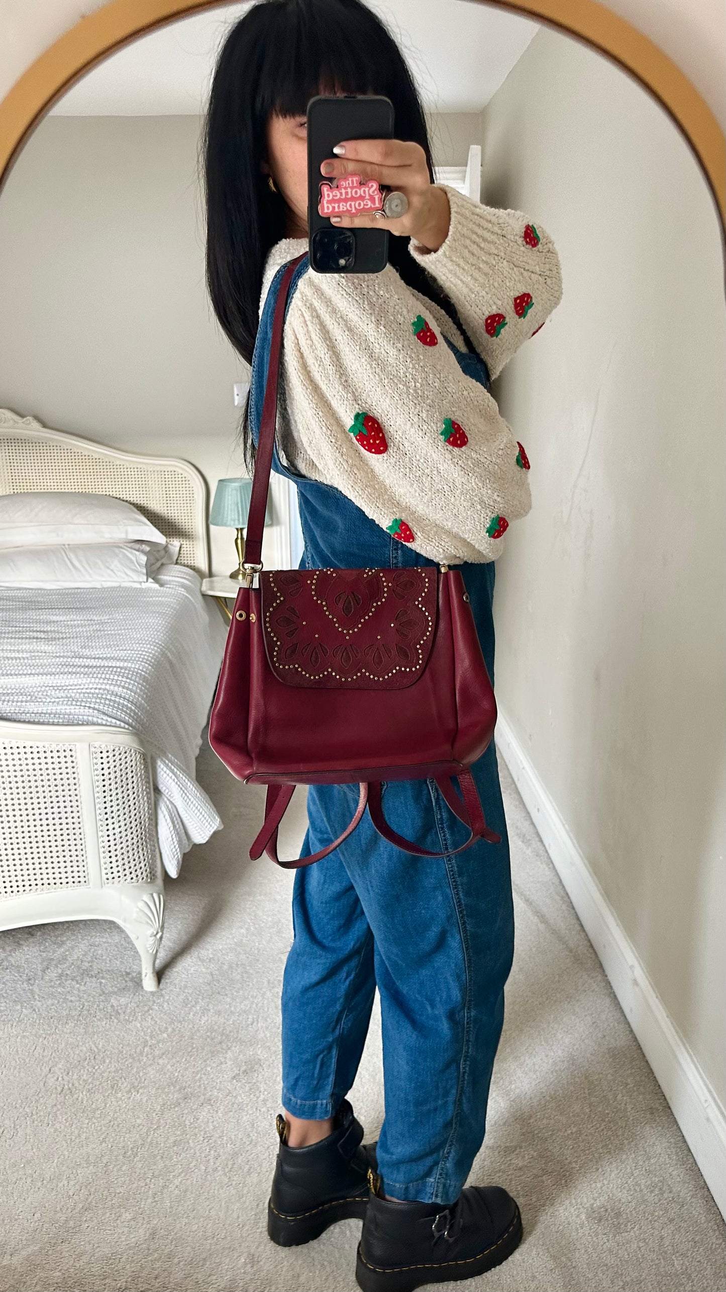 And/or John Lewis burgundy red real leather satchel handbag bag studded vgc