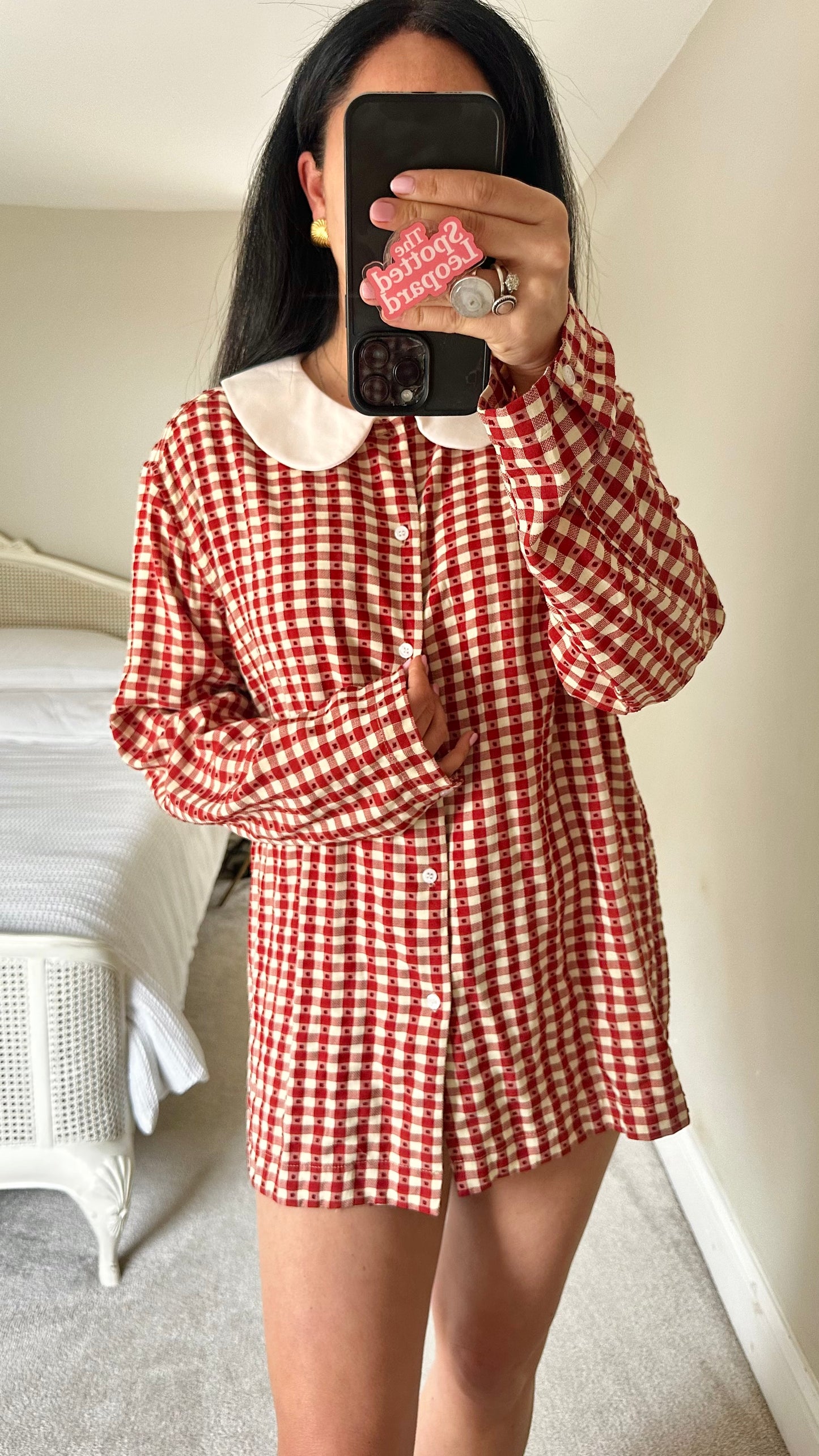 Sister Jane red cream gingham check button up shirt dress petite mini medium UK 12