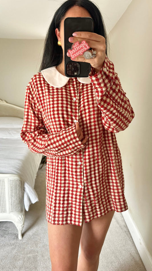 Sister Jane red cream gingham check button up shirt dress petite mini medium UK 12