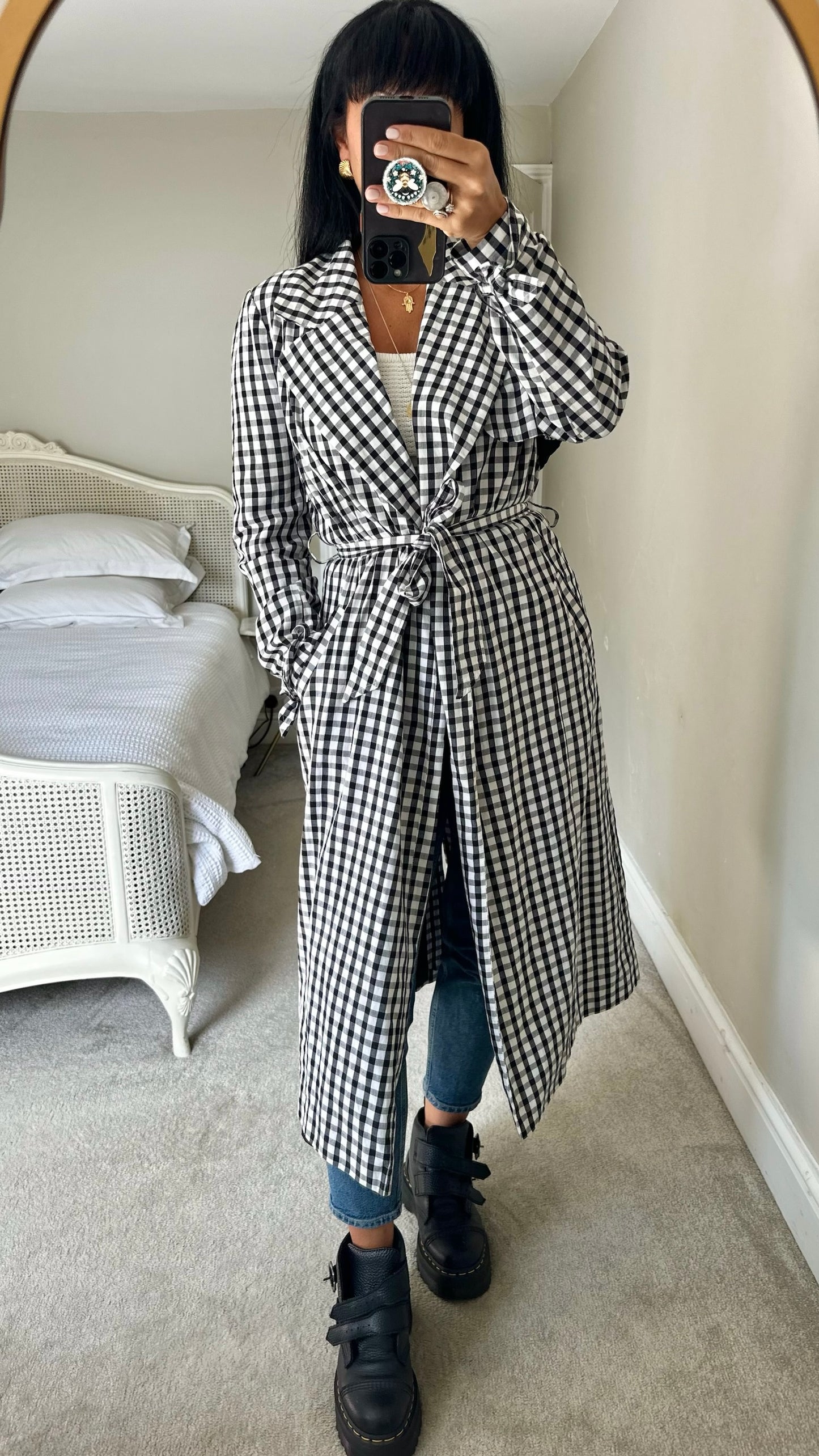 River island black white gingham check long trench coat large L UK 12 excellent used condition