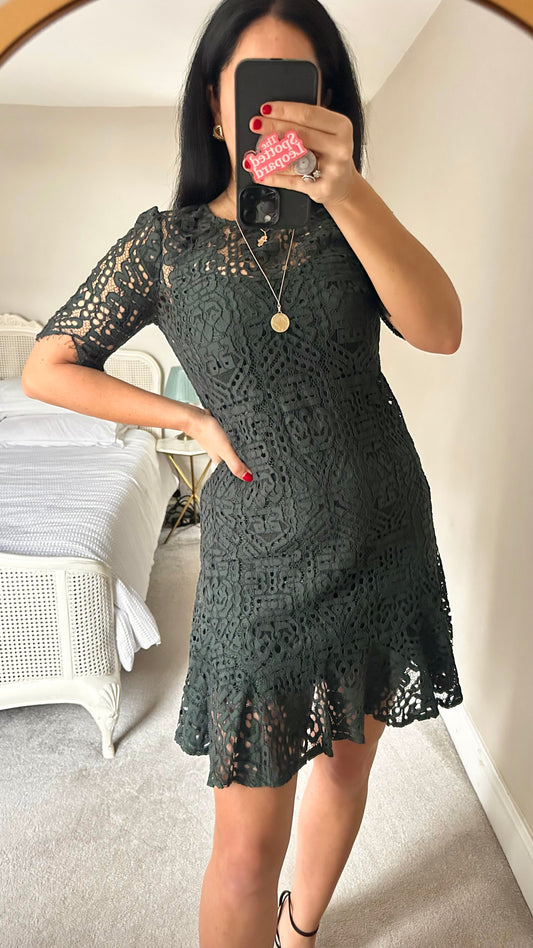 Jigsaw dark green lace mini short event dress small UK 8 vgc