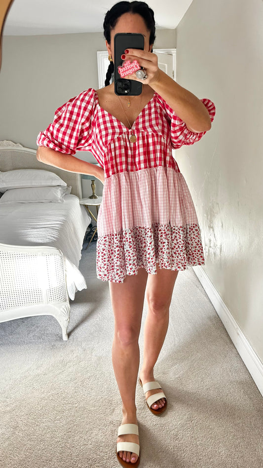 ASOS red pink floral gingham mini holiday dress medium UK 12 vgc