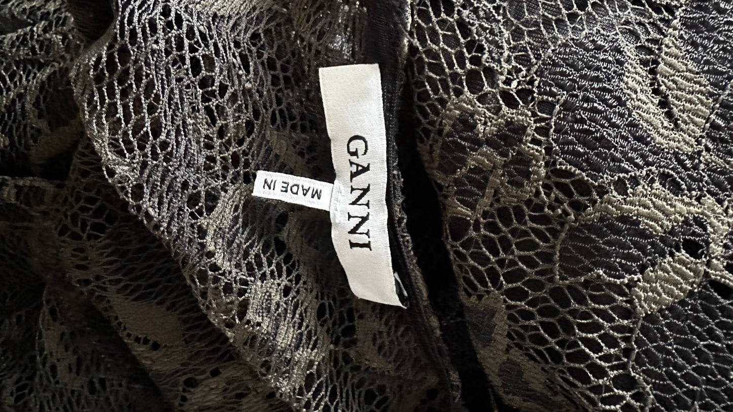 Ganni dark green olive khaki lace maxi dress small UK 10 stretch event vgc
