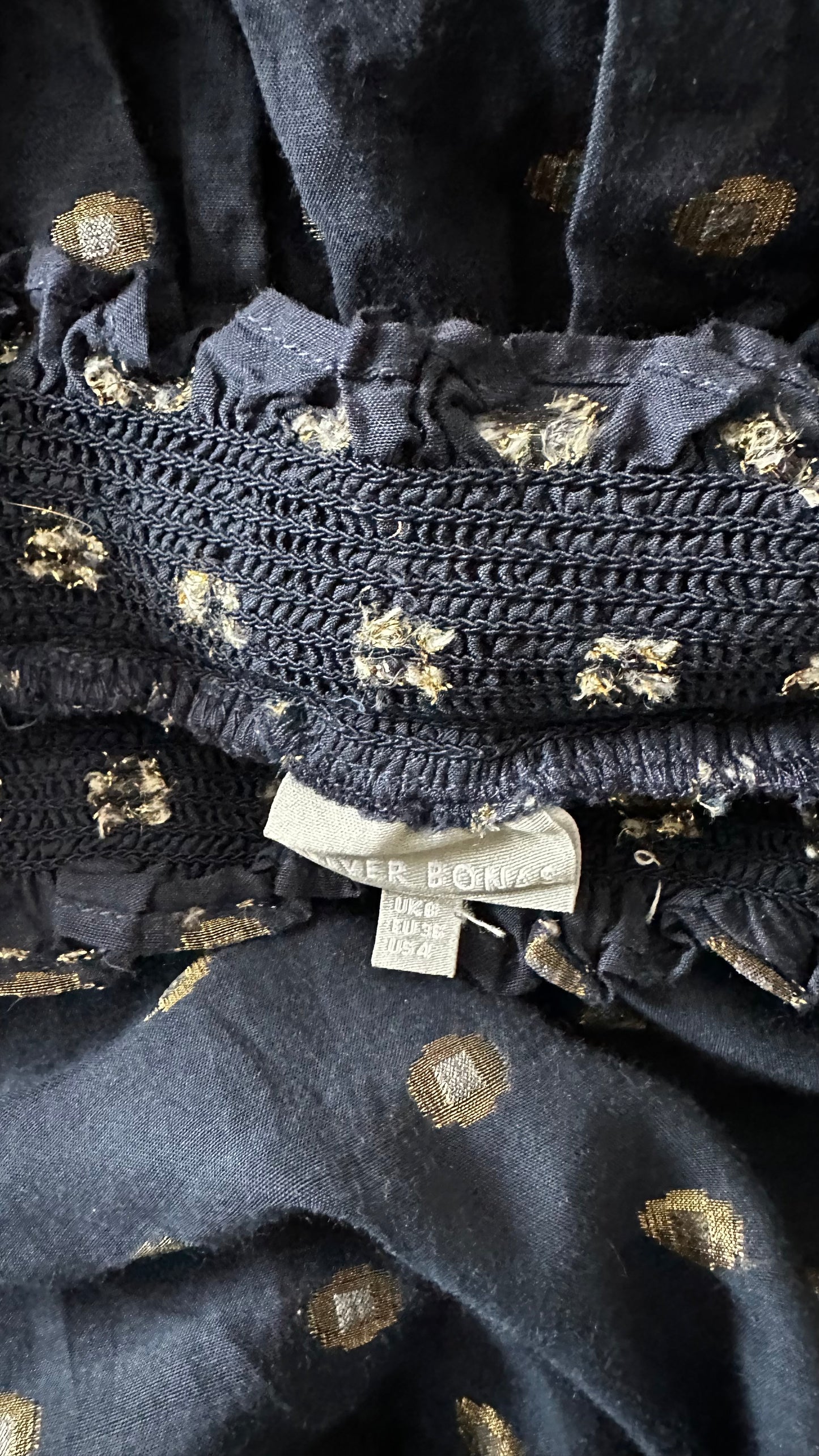 Oliver Bonas navy blue gold printed cotton event dress small UK 8 vgc