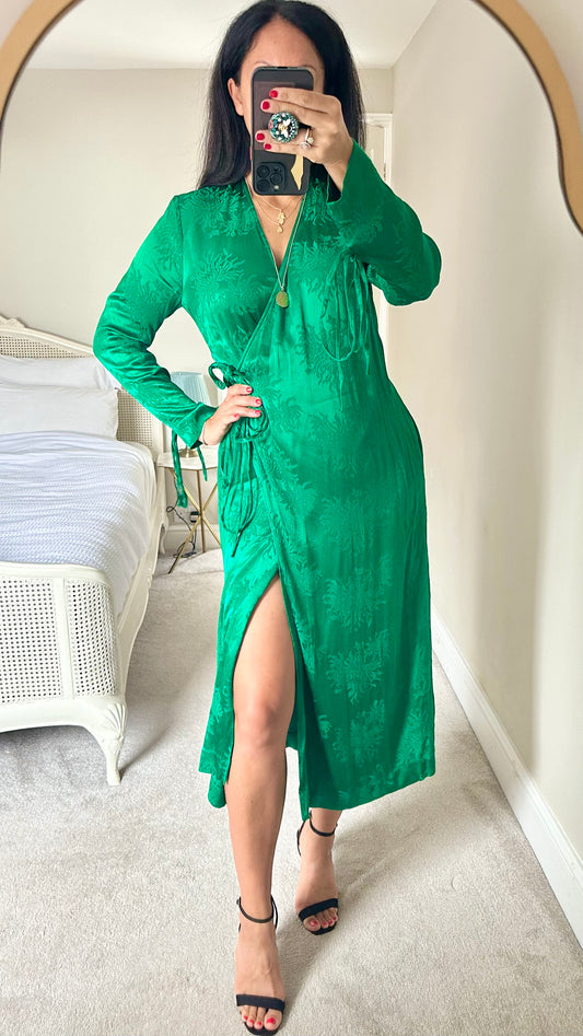 Kitri emerald green satin feel midi wrap event dress medium UK 10-12 vgc