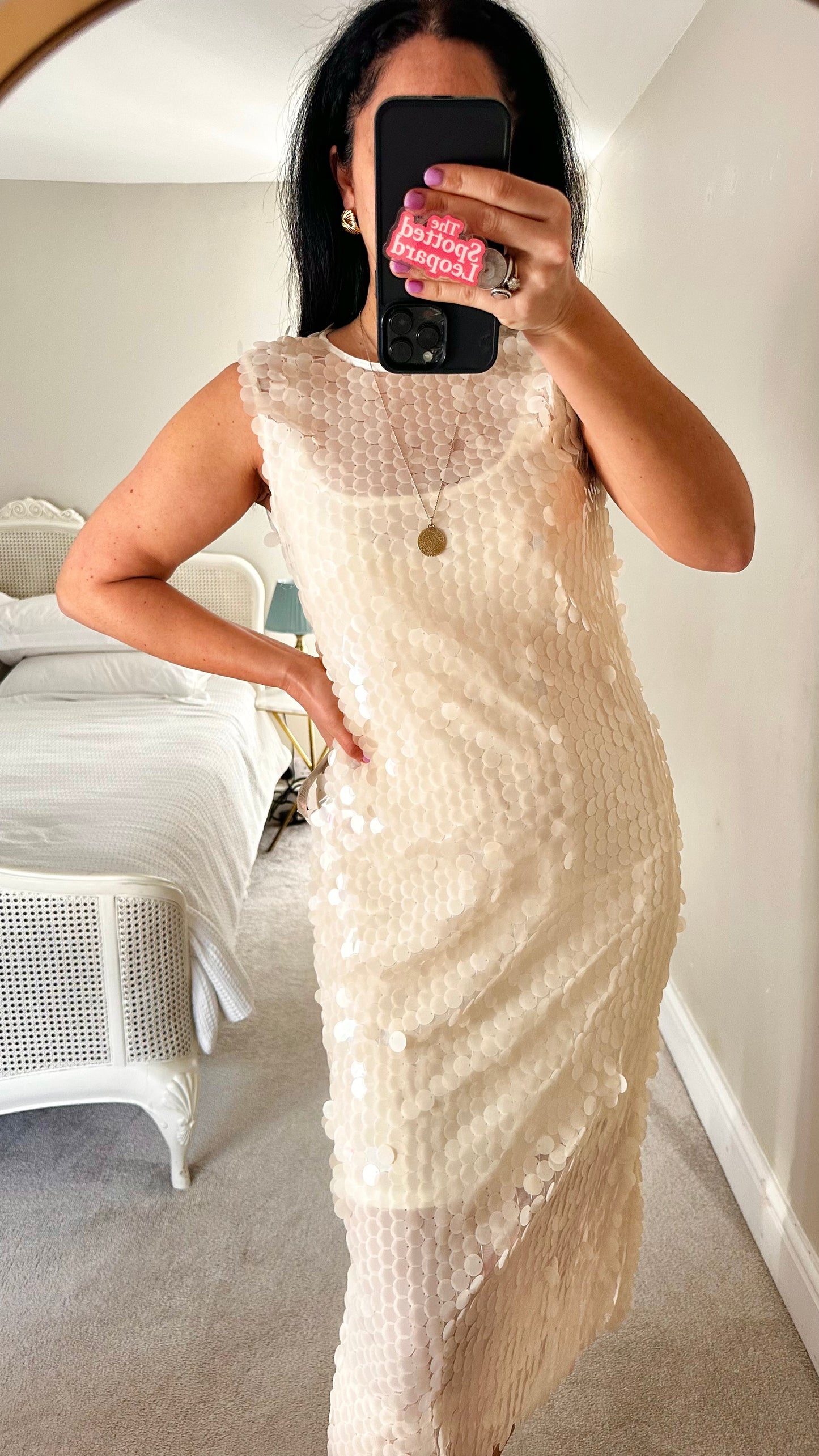 Never Fully Dressed cream sequin disc midi long white dress event holiday small UK 10 new bnwt