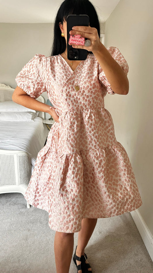 YAS rose pink metallic gold tiered statement event dress extra large UK 14-16 vgc