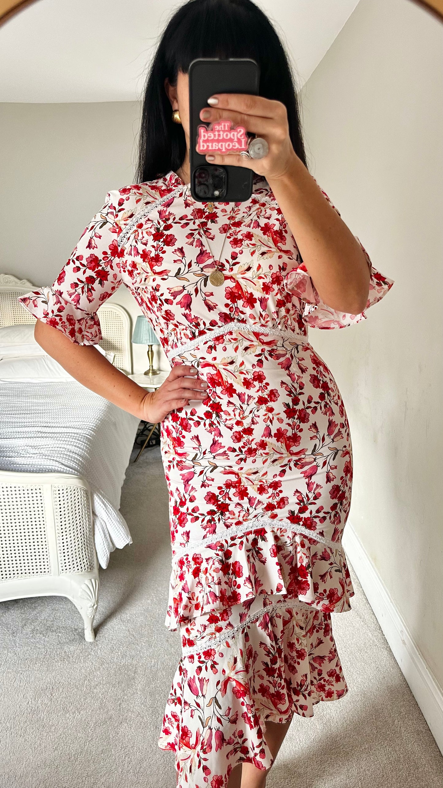 Hope & Ivy red cream floral tiered wedding guest dress small UK 8 vgc