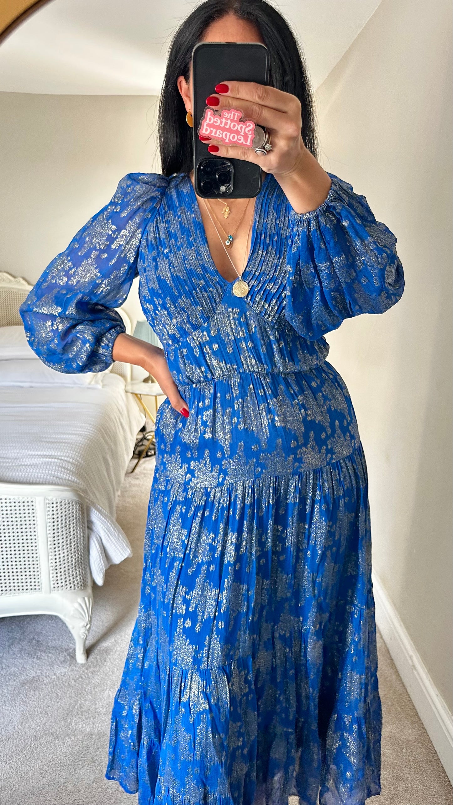 Oliver Bonas royal blue silver metallic maxi long dress UK 8 10 event vgc