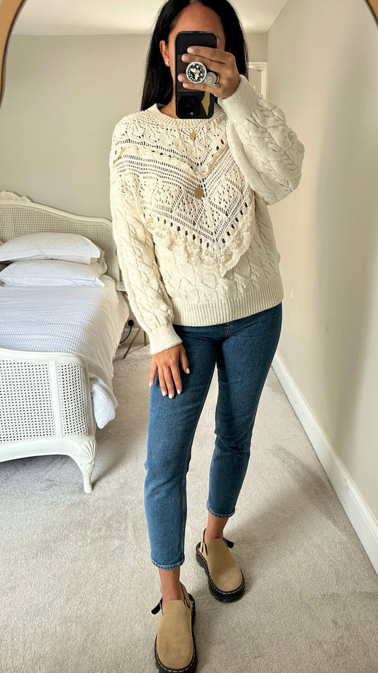 Mango cream white knitted lace jumper medium UK 10-12 vgc w25