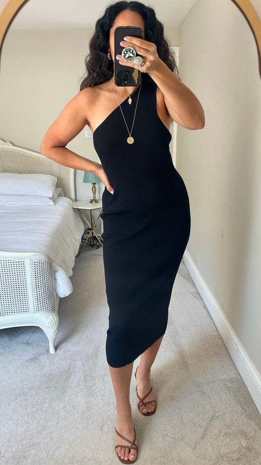 Zara black one shoulder midi dress event extra large XL UK 14 new condition