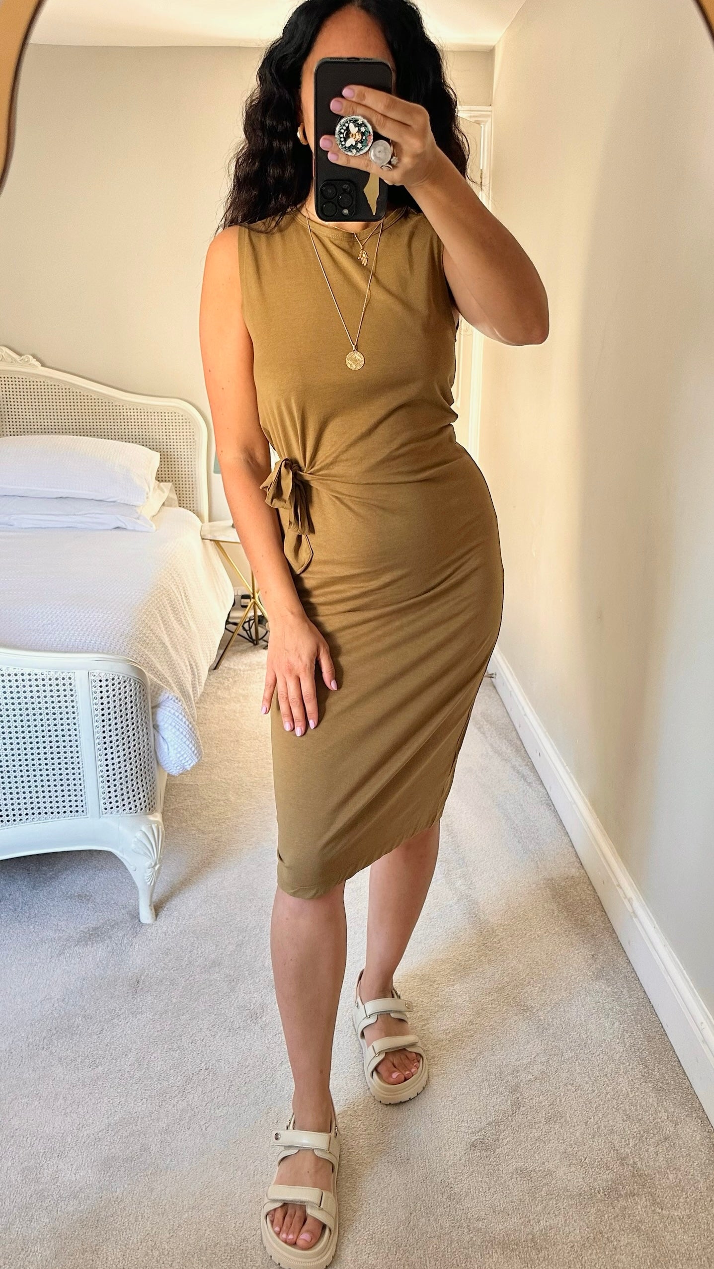 Mango khaki green casual jersey midi dress side tie small medium SM UK 8-10