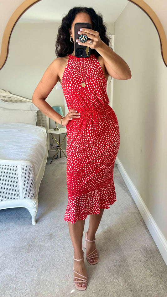 Sosandar red white polka dot halterneck midi dress medium M UK 10