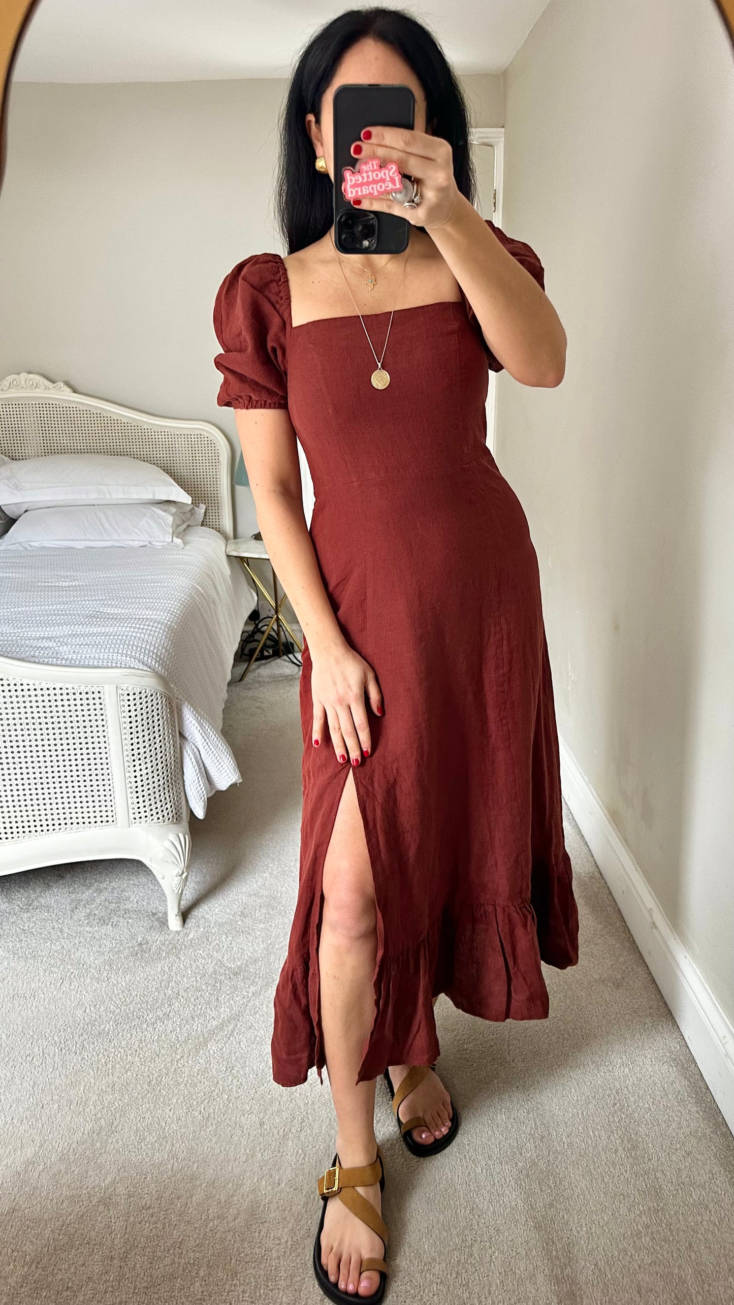 & other stories brown burgundy pure linen side split holiday event dress medium UK 12 vgc