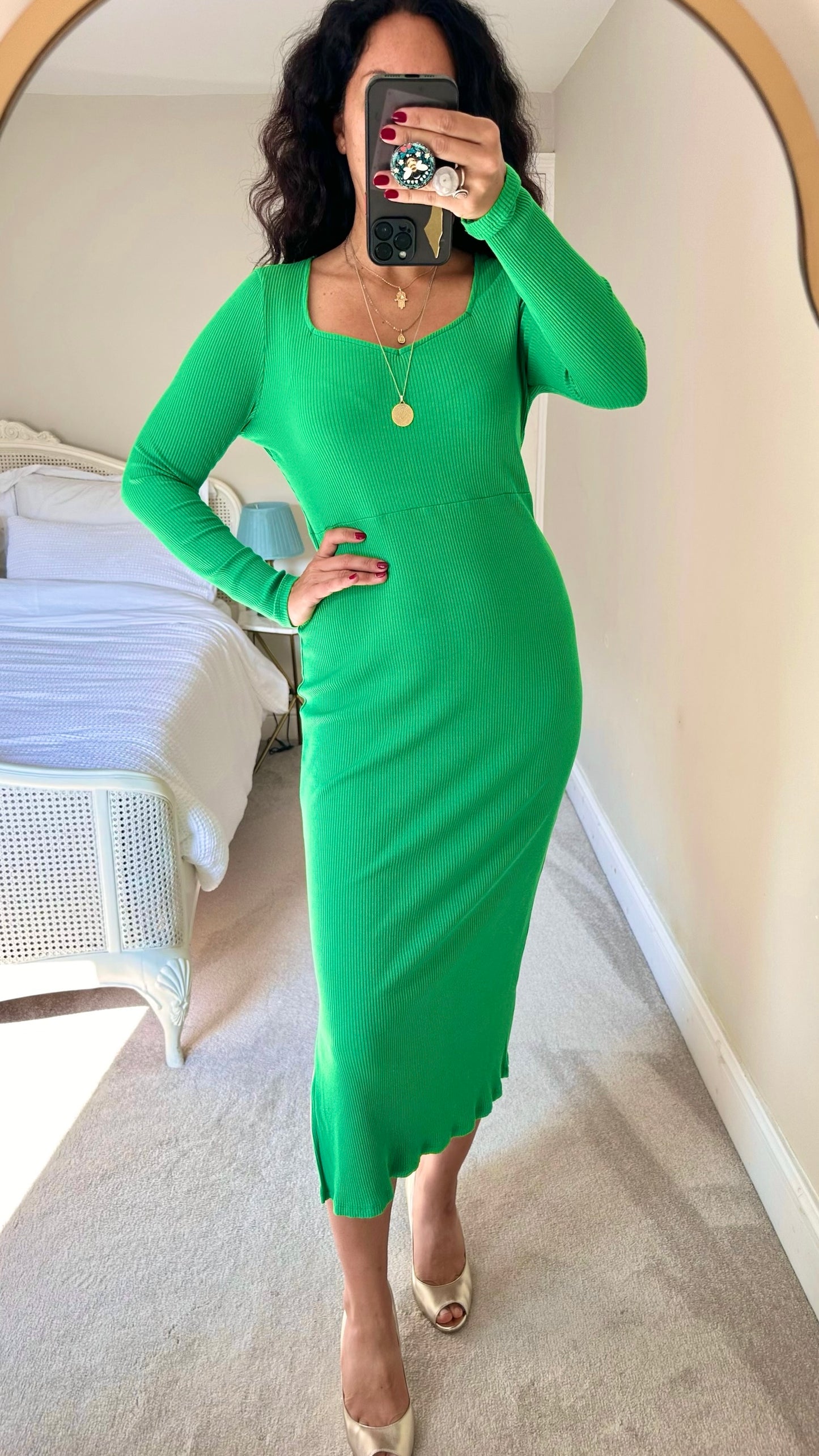 Nobody’s child green ribbed bodycon long sleeve midi maxi dress  large L UK 12 vgc